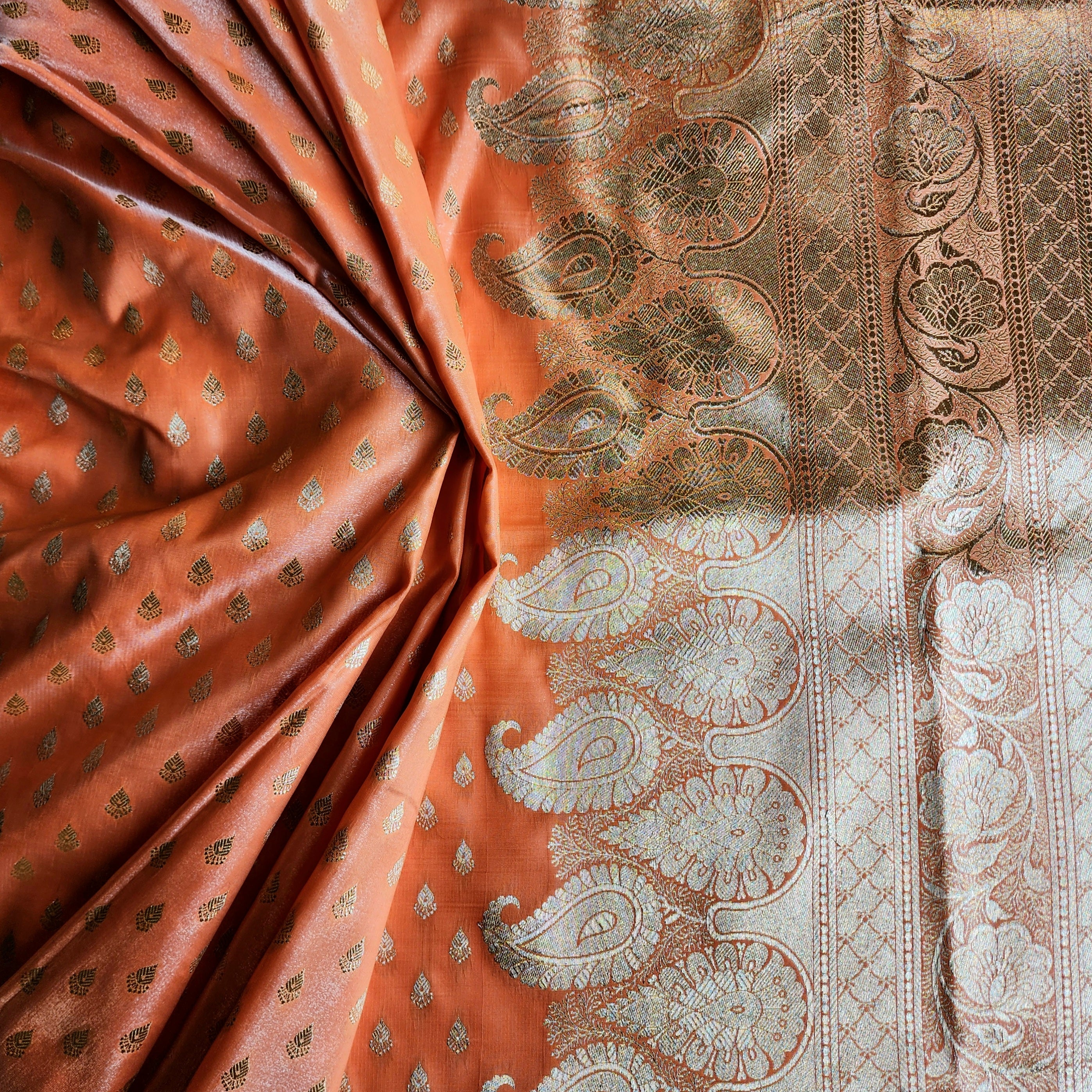 Rich Burnt Orange Banarasi Silk Saree with Gold Zari Weaving