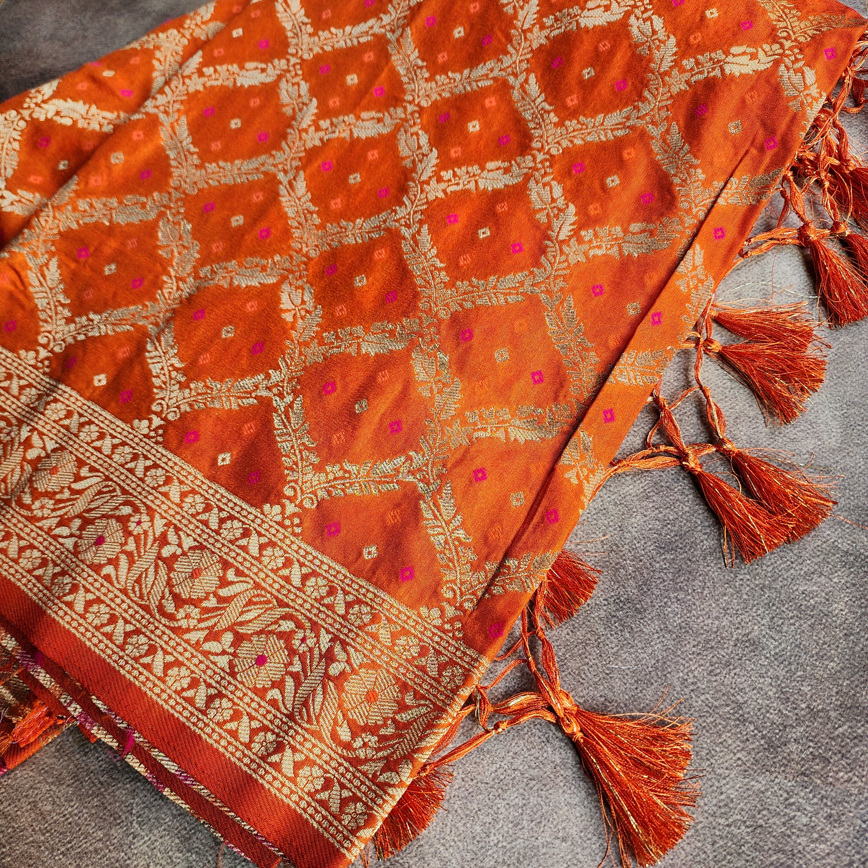 Rust Orange Bandhani Dupatta with Traditional Jaal