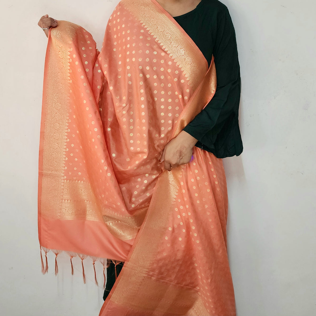 Coral Peach Banarasi Silk Dupatta with Gold Polka Dot