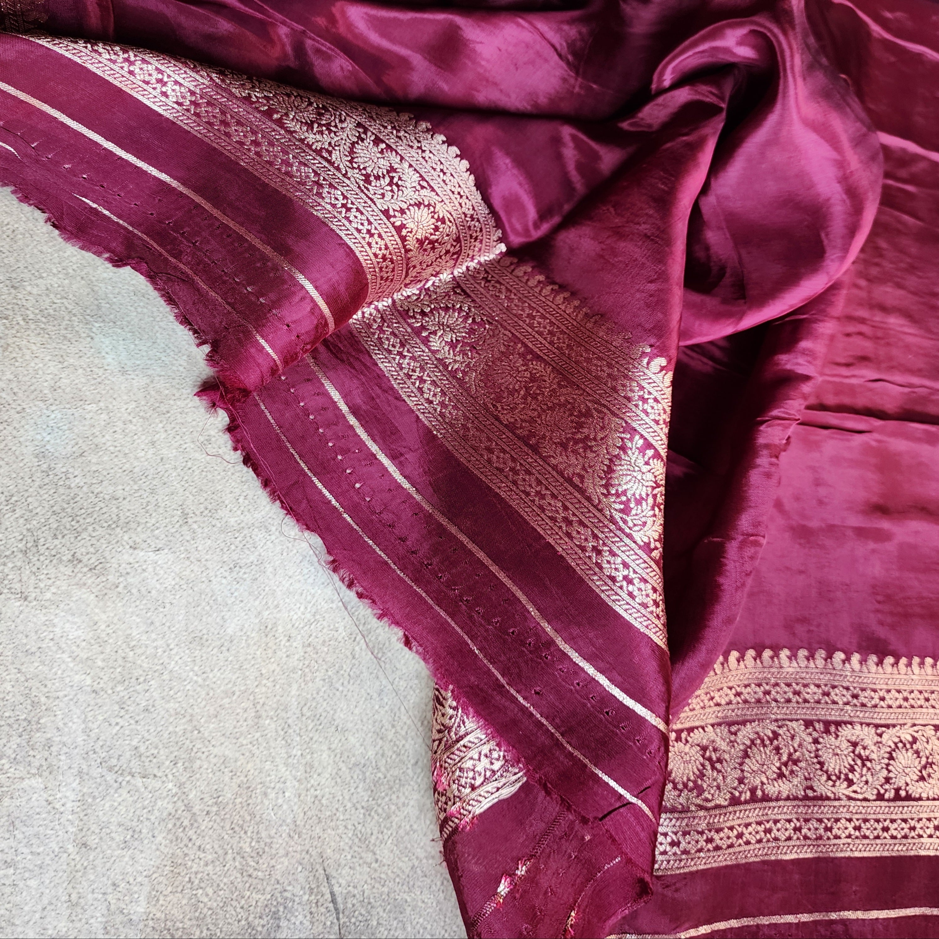 Wine Pure Crepe Silk Saree with Silver Zari Border