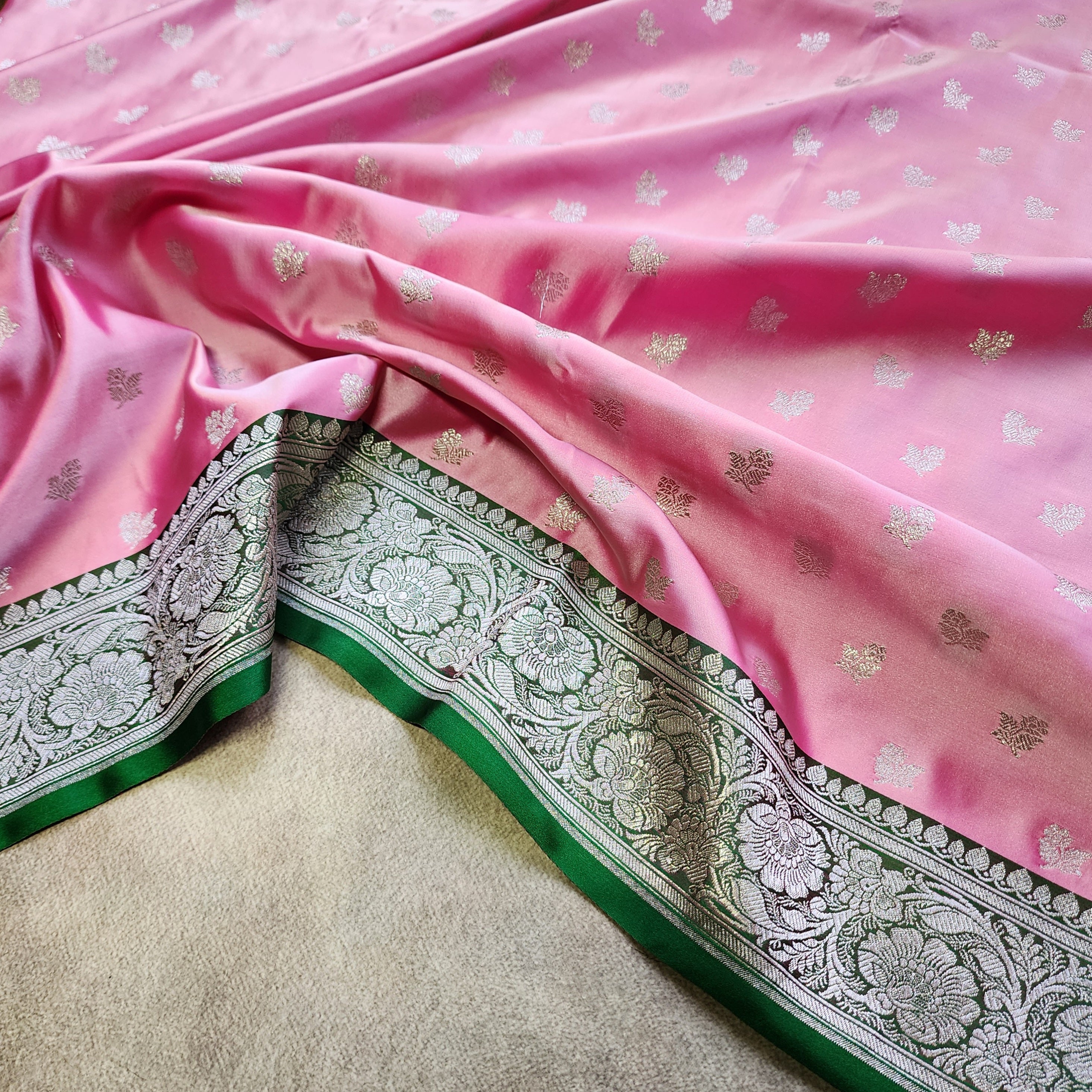 Rose Pink Pure Banarasi Katan Silk Saree with light Gold Zari Weaving