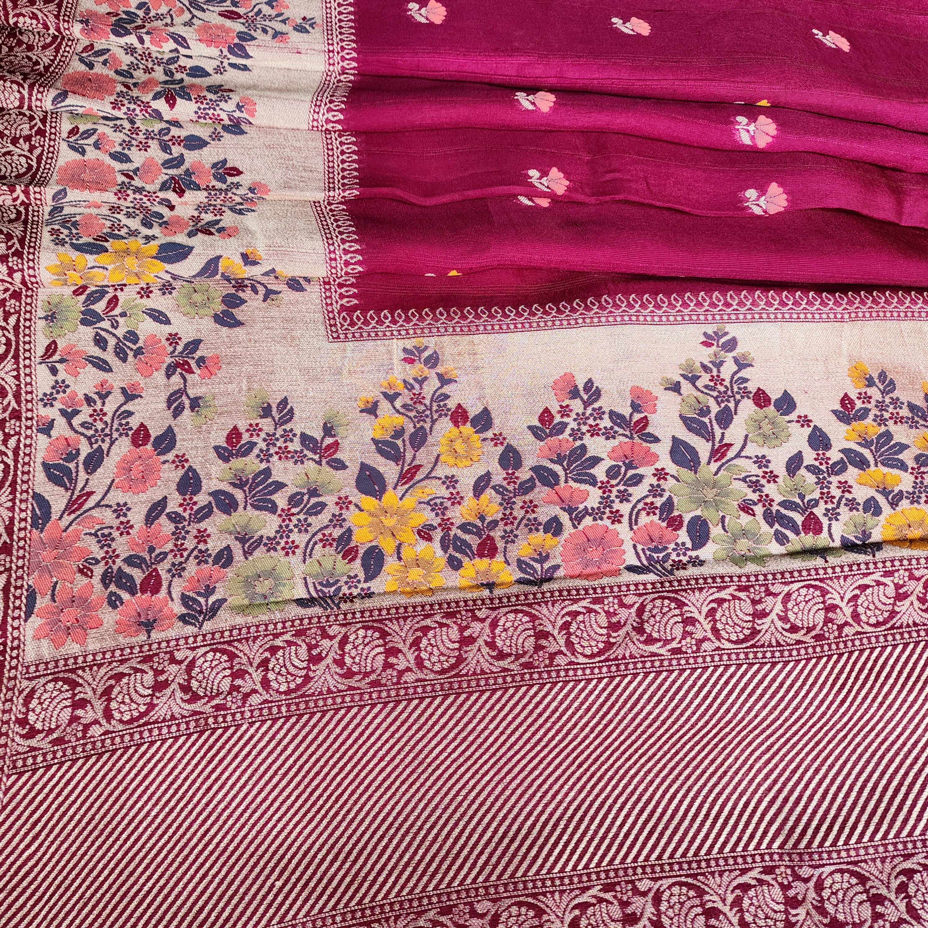 Soft Wine Raw Silk Saree With Pastel Floral Weaving and Off White Border