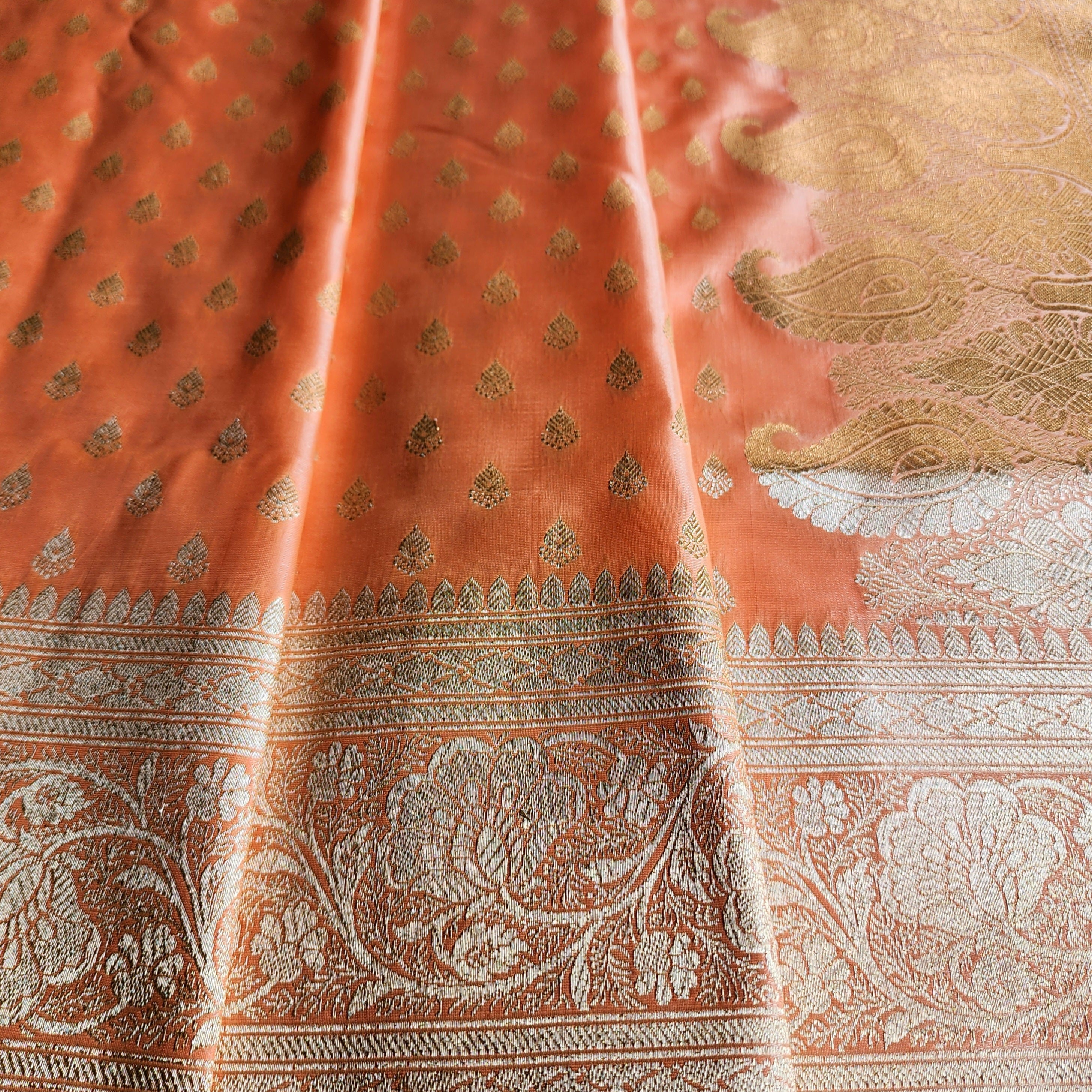 Rich Burnt Orange Banarasi Silk Saree with Gold Zari Weaving