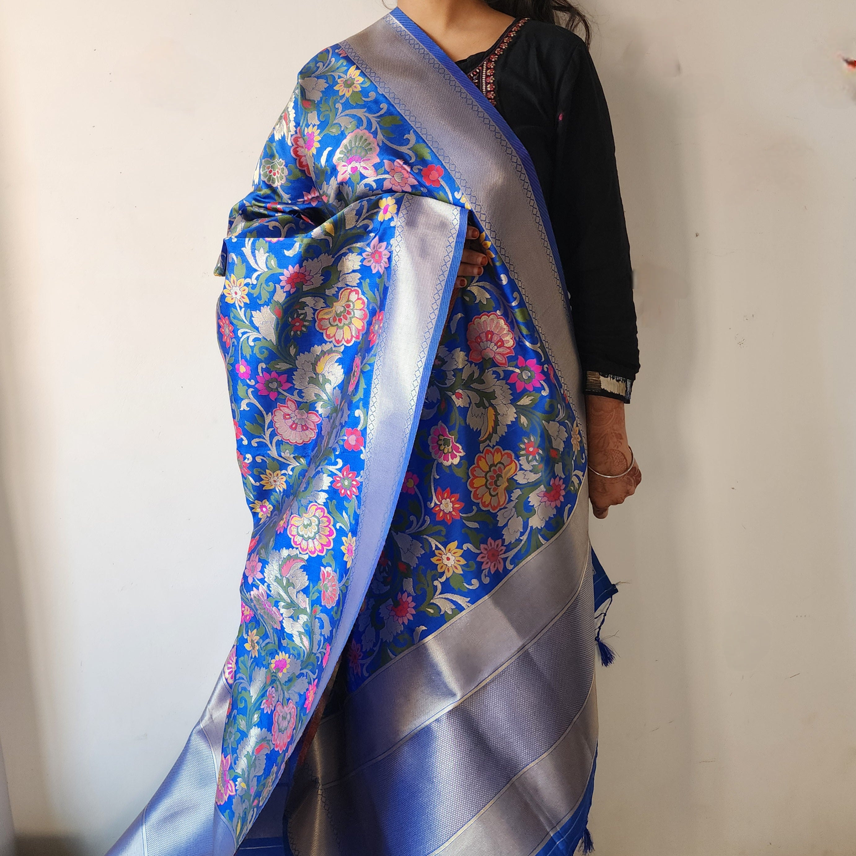 Banarasi Silk Royal Blue Dupatta with Multicolor & Gold Floral Handweaving