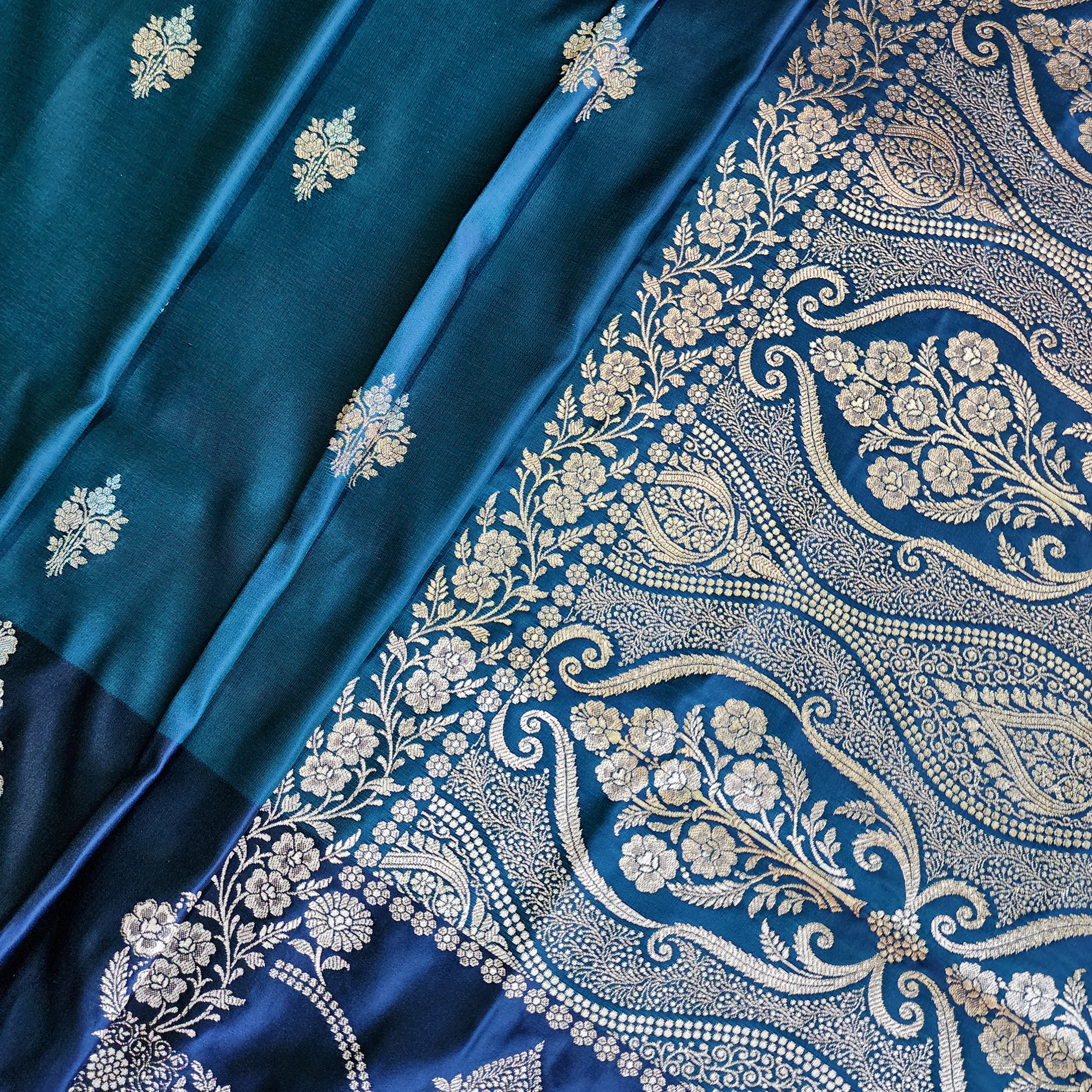Dual-Tone Peacock Blue Pure Banarasi Katan Silk Saree