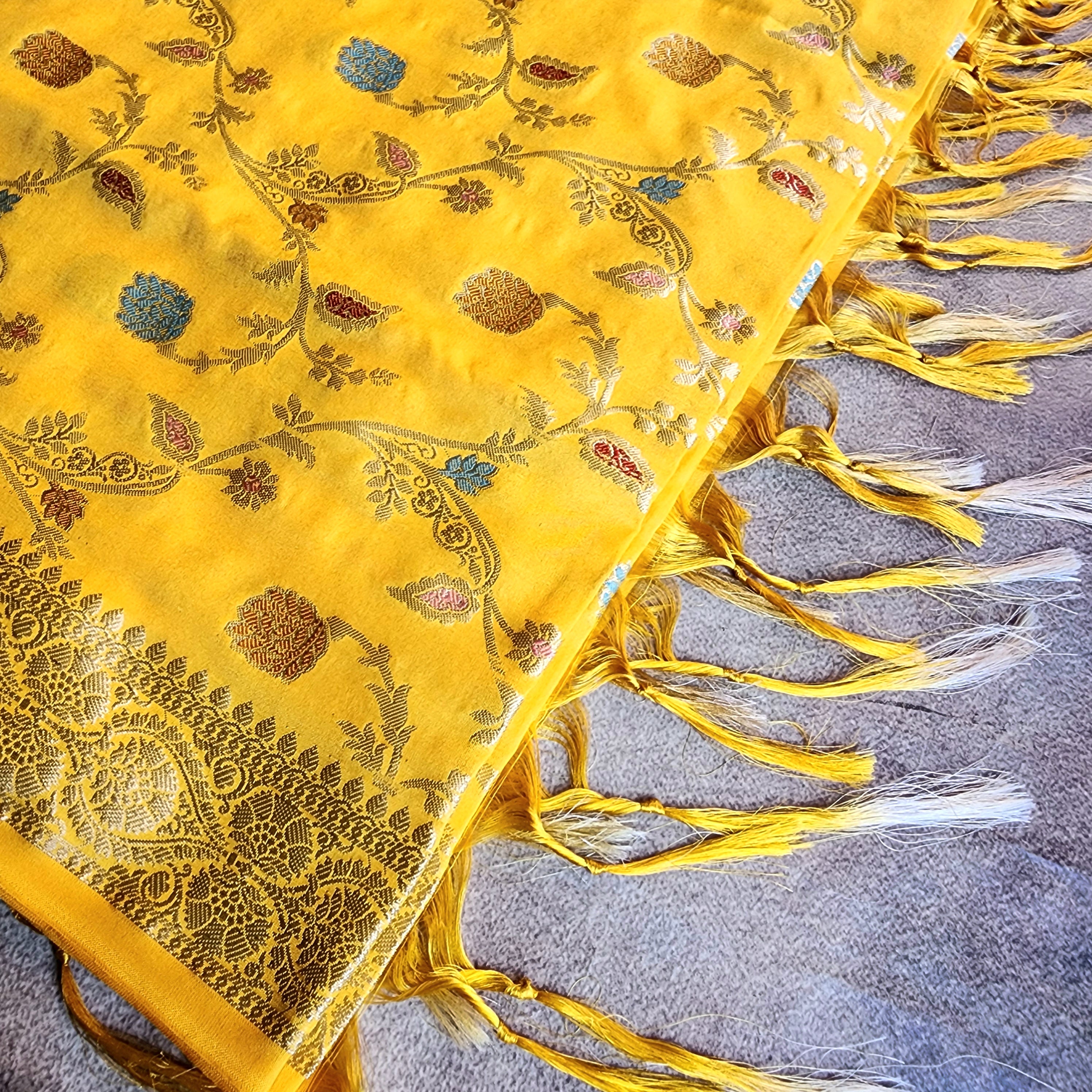 Mustard Yellow Banarasi Silk Dupatta with Gold Zari Border & Multicolor Meenakari Work