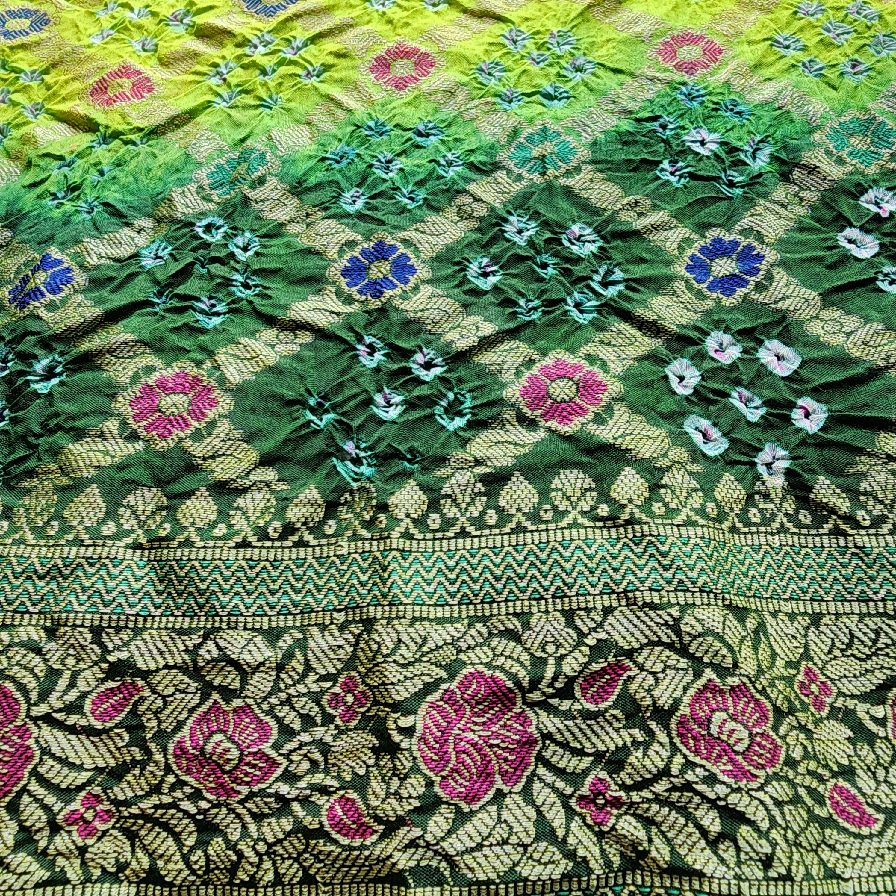 Dual-Tone Green Bandhni Dupatta with Golden Border & Banarasi Meenakari Work