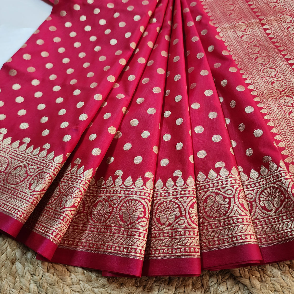 Fuchsia Banarasi Silk Dupatta with Gold Polka Dot
