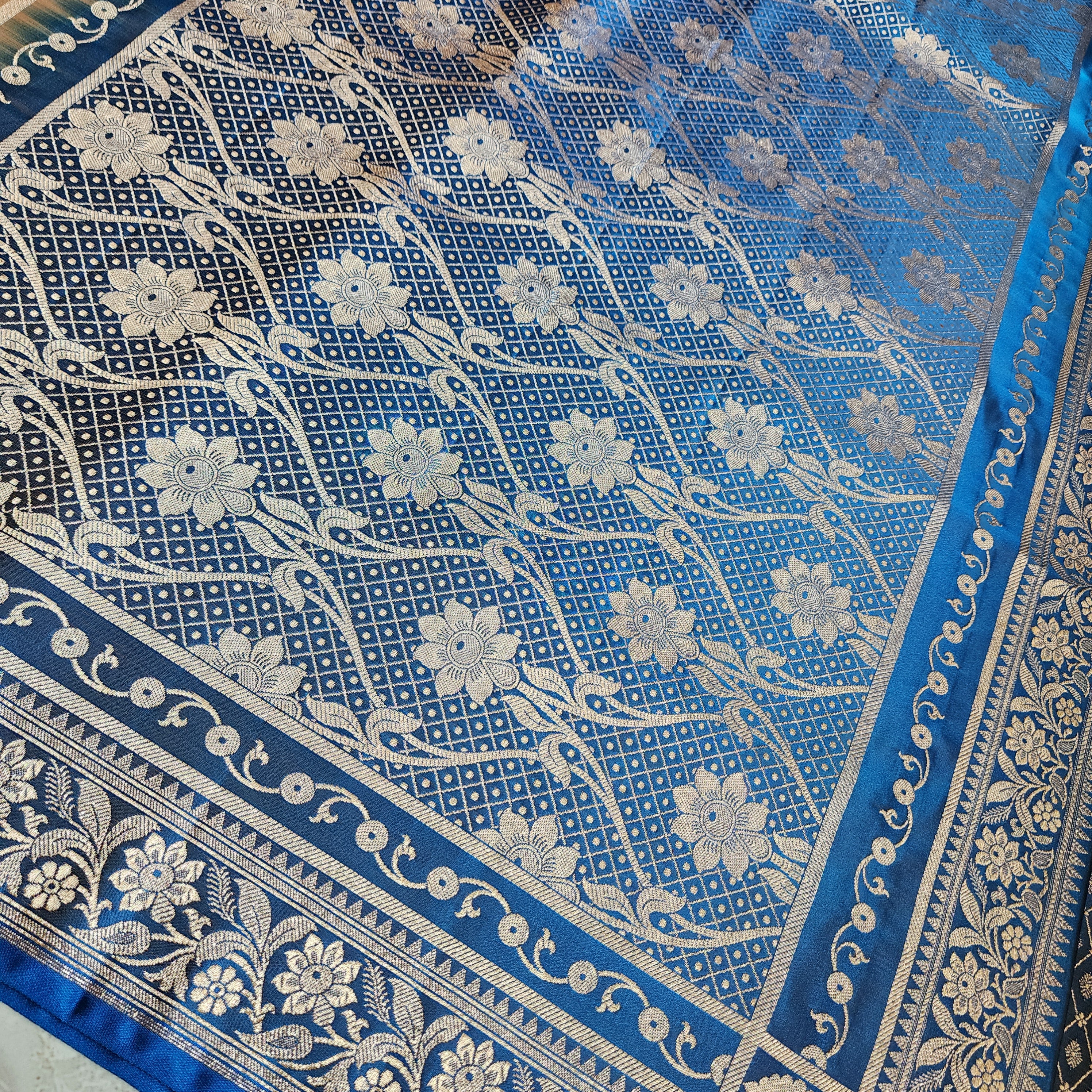 Champagne Beige Katan Silk Saree with Royal Blue and Gold Zari Border