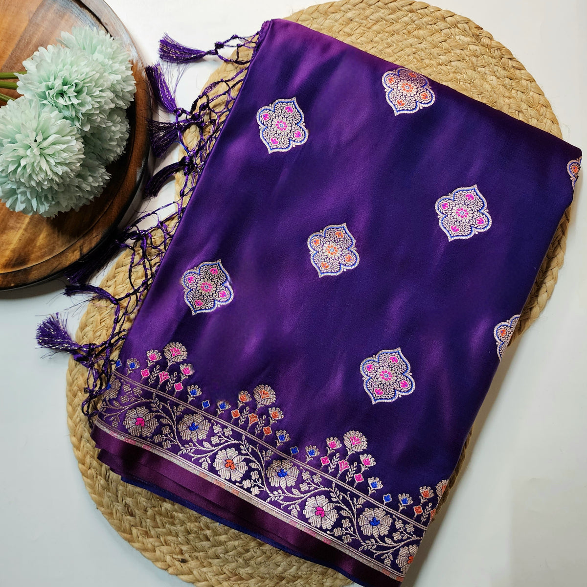 Purple Banarasi Katan Silk Saree with Multicolor Meenakari