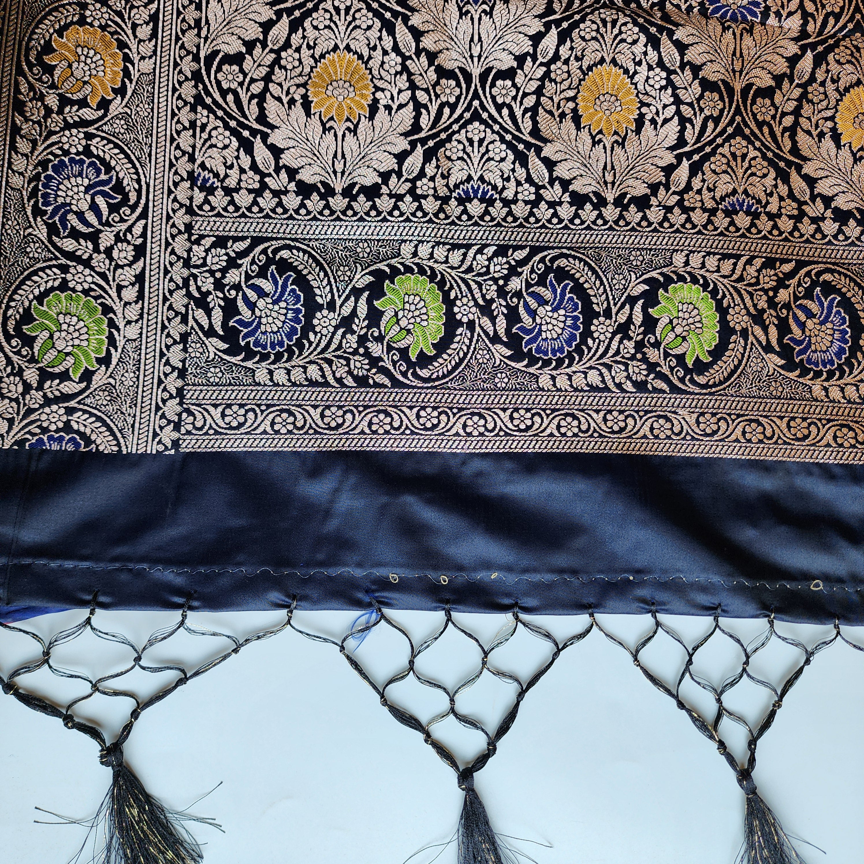 Enriched Midnight Blue Banarasi Katan Silk Saree with Multicolor Meenakari Floral Jaal