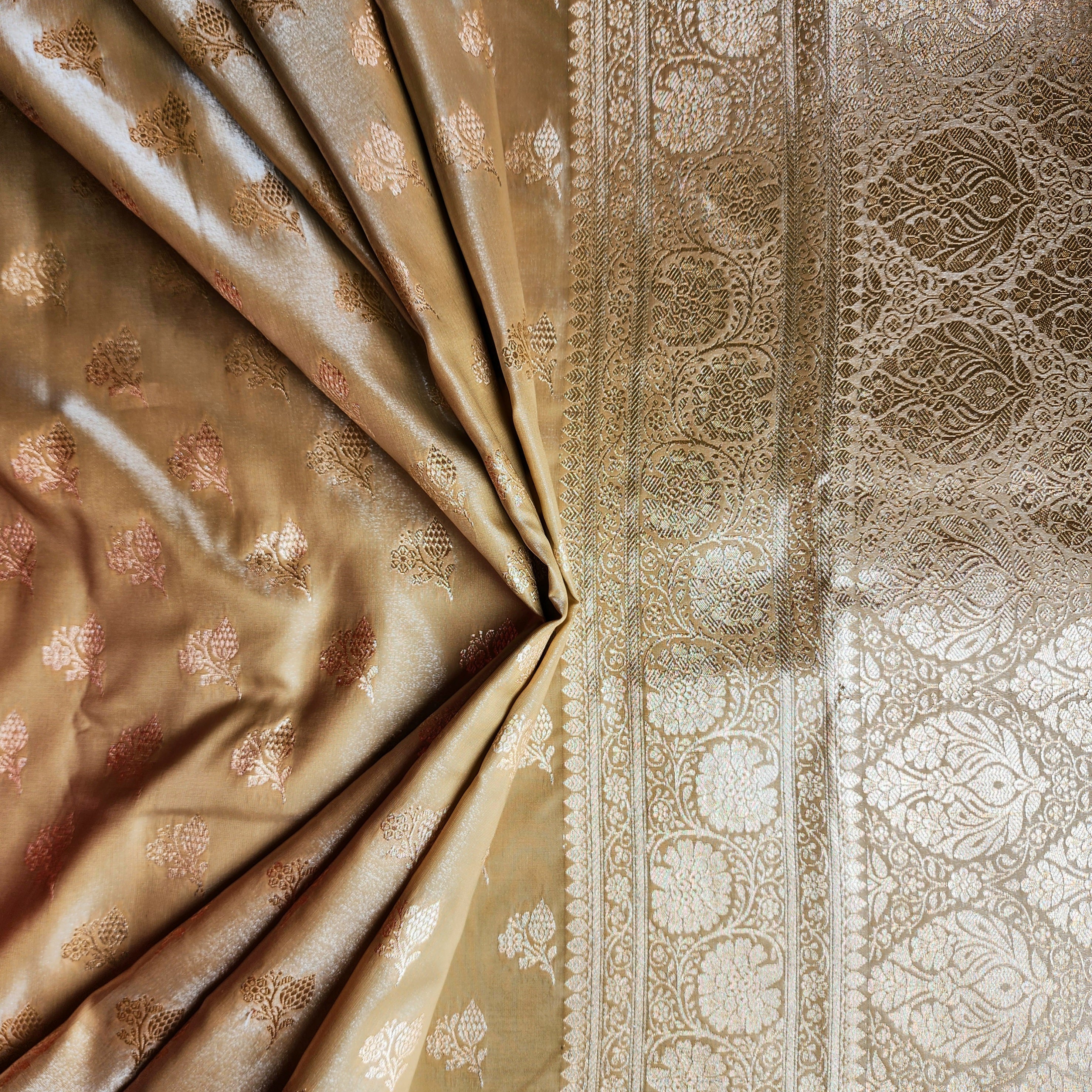 Rich Beige Gold Banarasi Silk Saree with Gold Zari Weaving