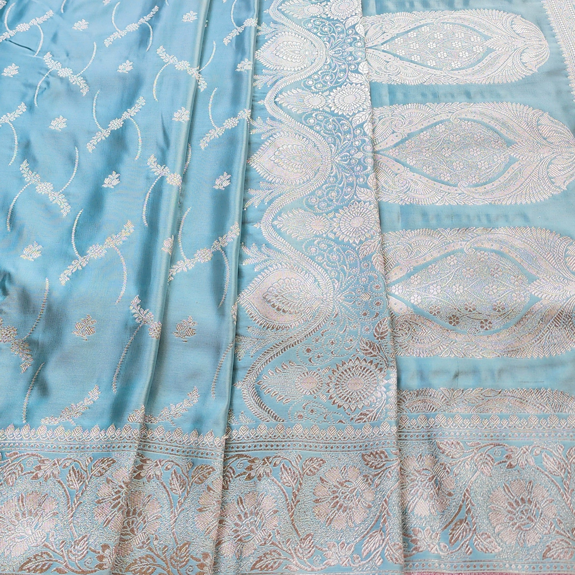 Pastel Sky Blue Banarasi Katan Silk Saree with Light Gold Zari weaving