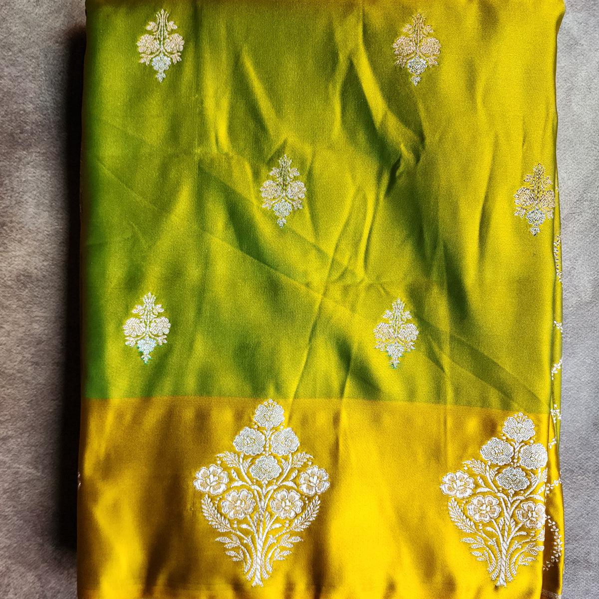 Dual-Tone Parrot Green & Yellow Pure Banarasi Katan Silk Saree