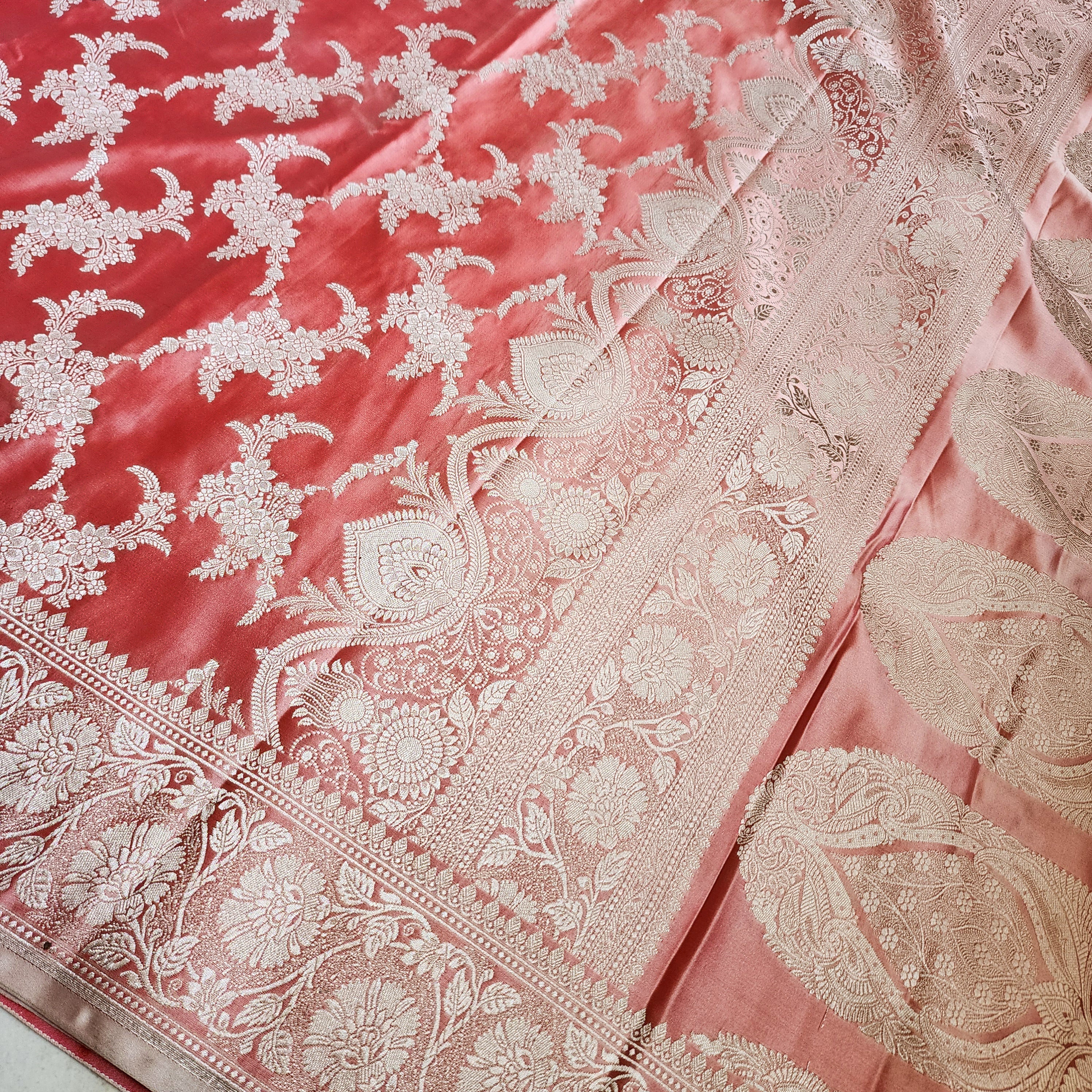 Blush Coral Banarasi Katan Silk Saree with Floral Vine Jaal
