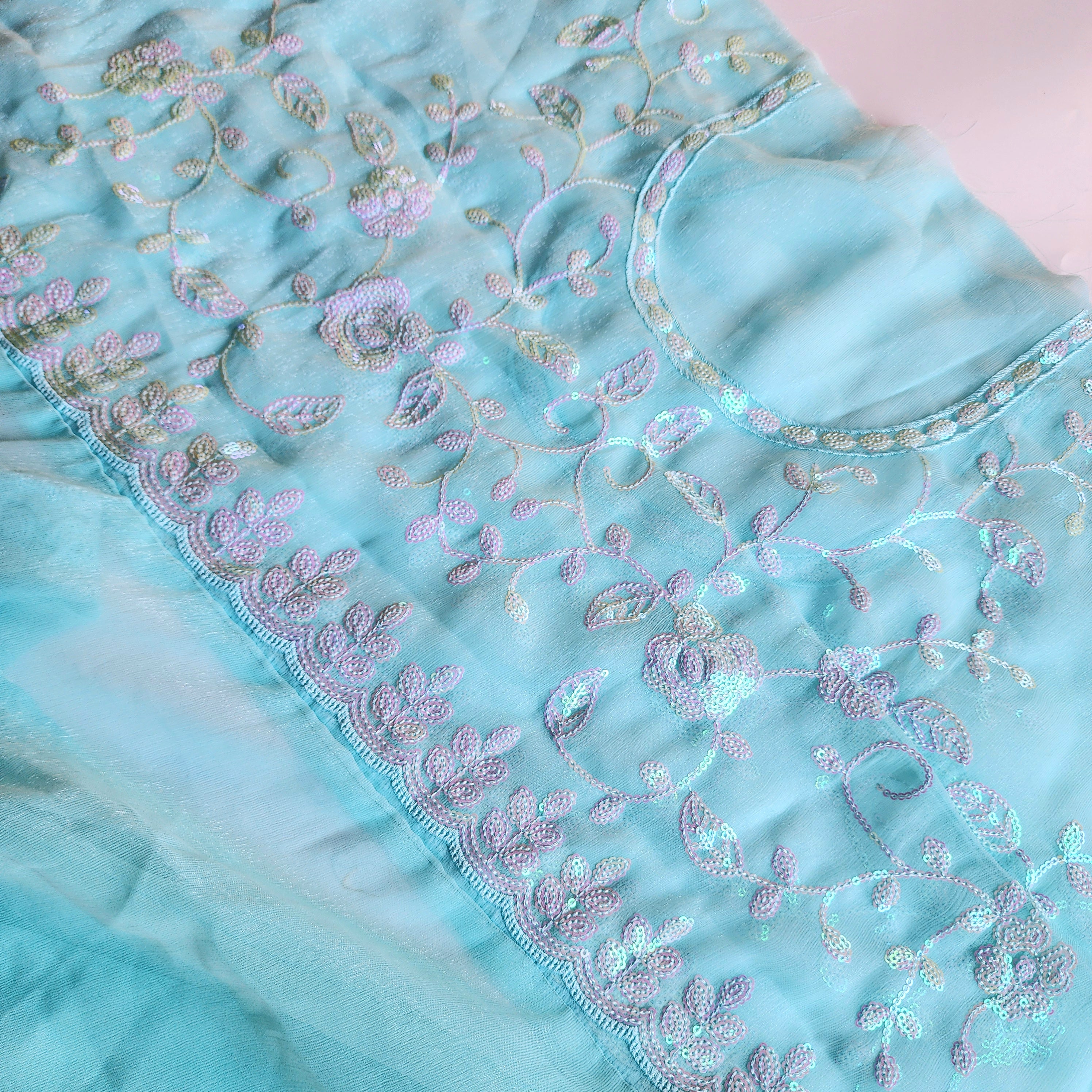 Georgette Designer Sequinned Saree - Mint Aqua