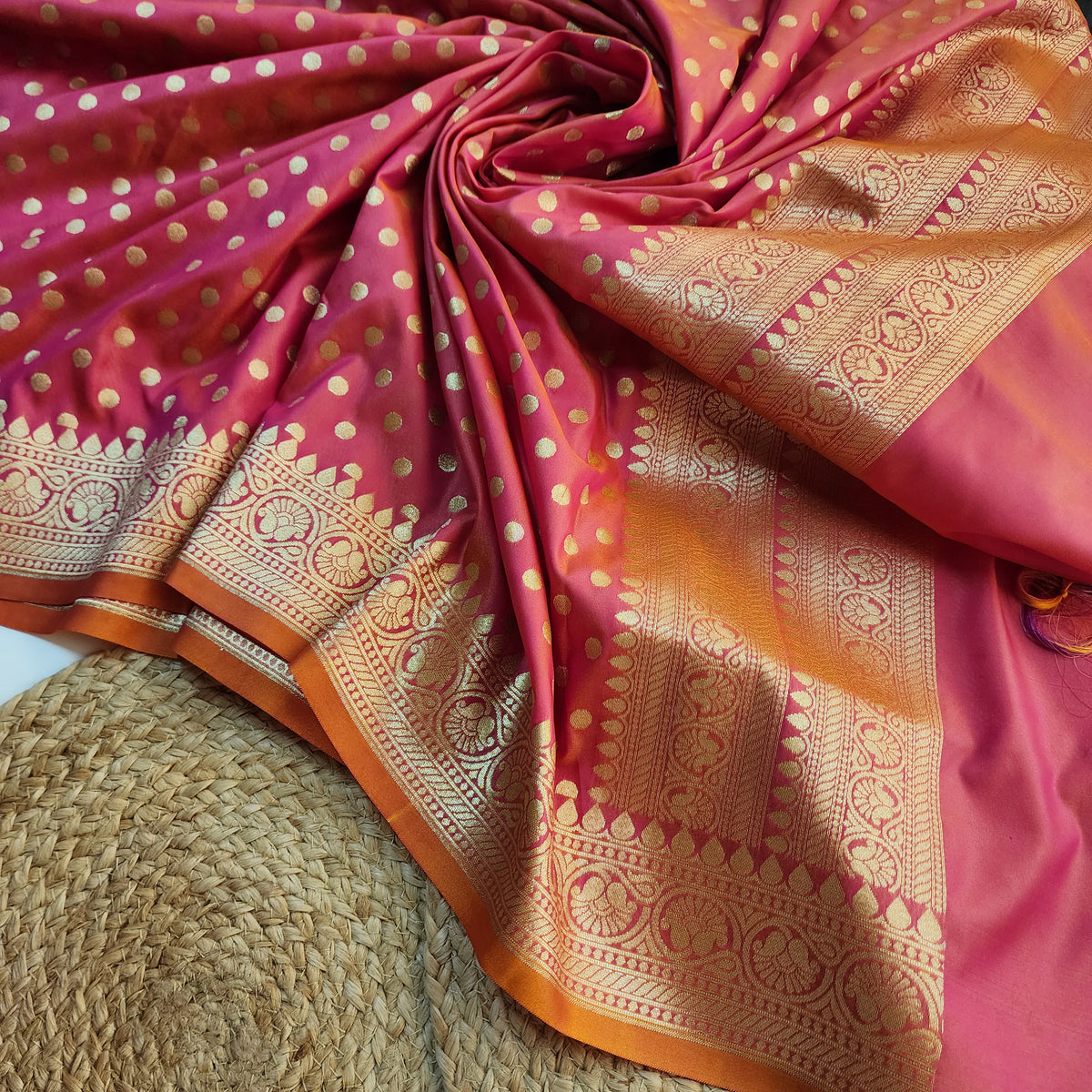 Coral Red Banarasi Silk Dupatta with Gold Polka Dot