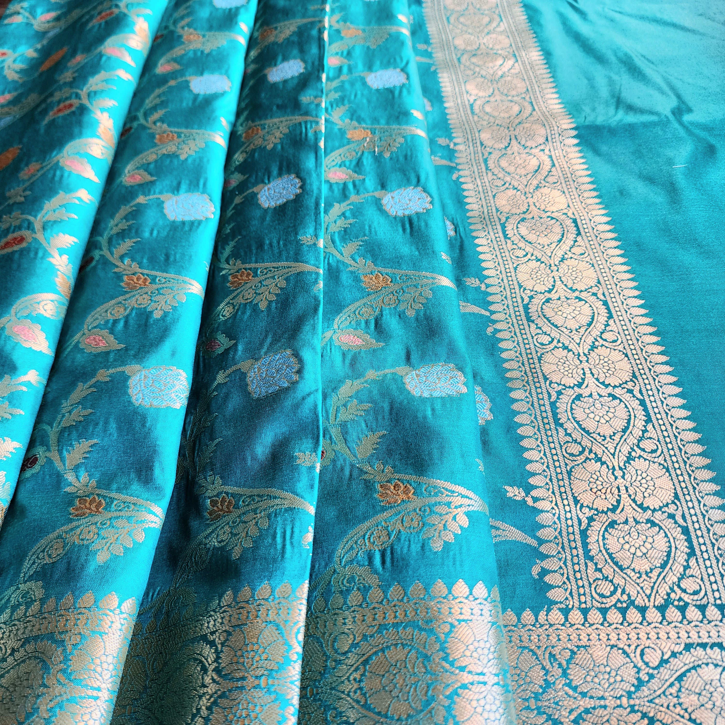 Teal Green Banarasi Silk Dupatta with Gold Zari Border & Multicolor Meenakari Work