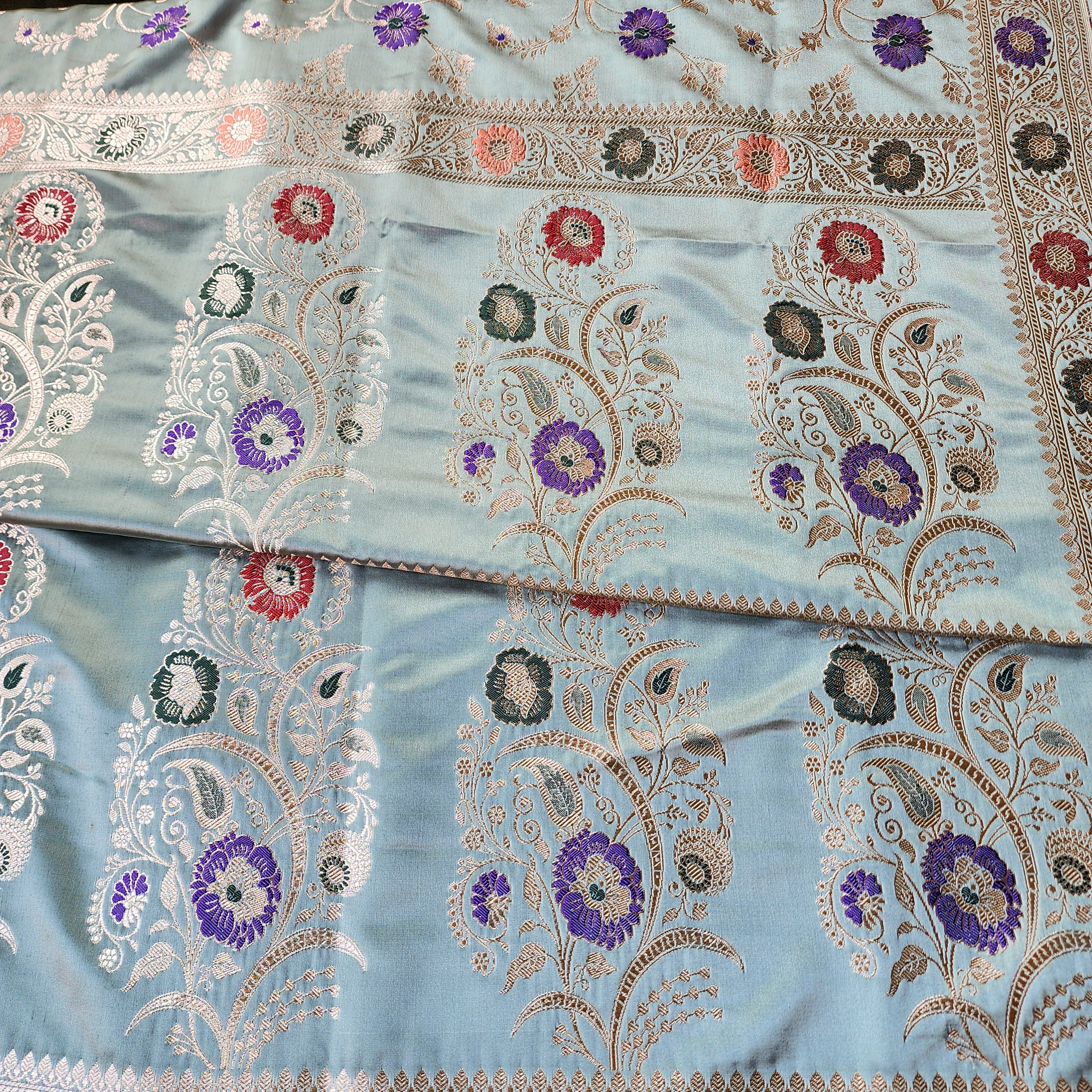 Enriched Banarasi Katan Silk Saree | Sea Green Multicolor Meenakari Floral Jaal