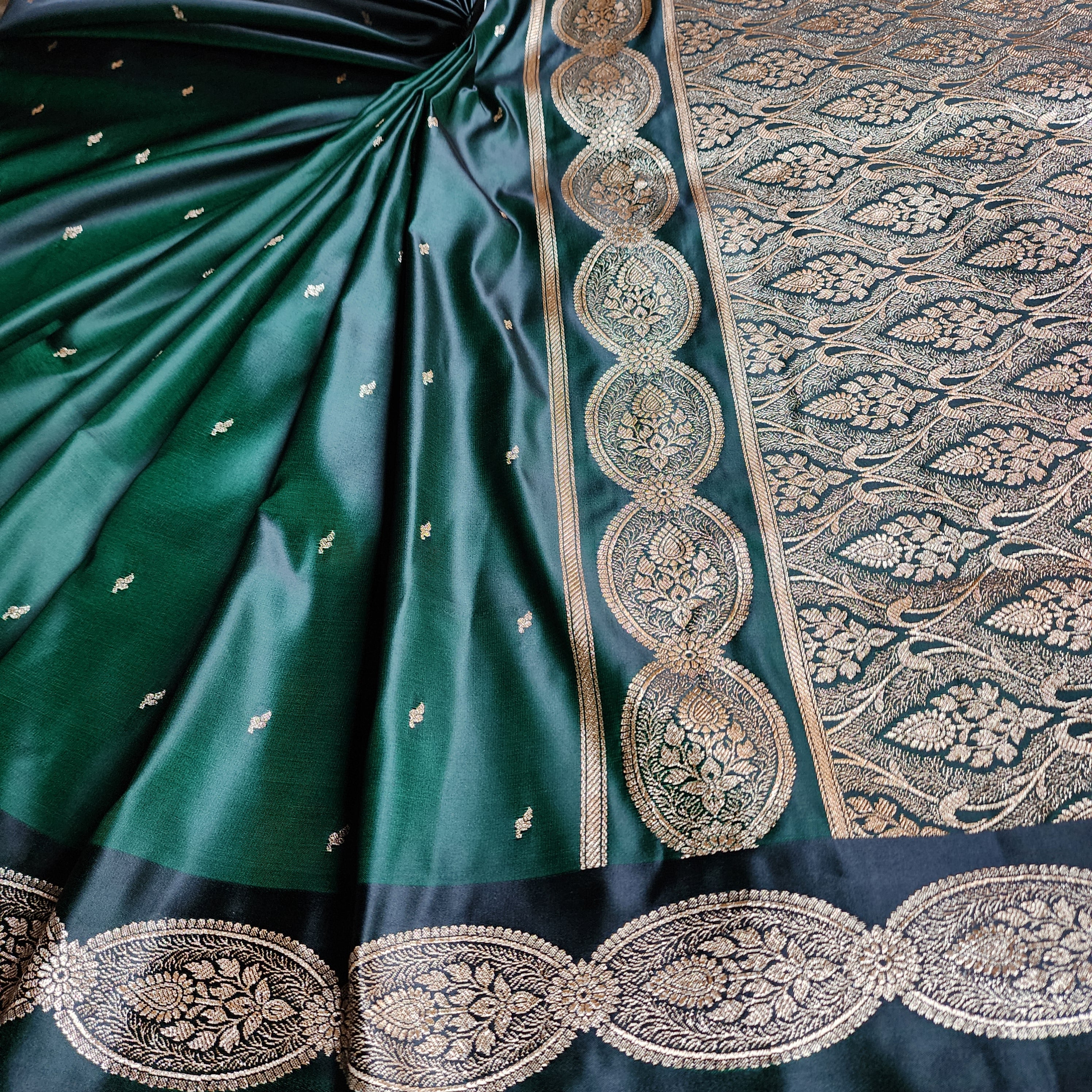 Bottle Green Banarasi Katan Silk Saree with Gold Zari Weaving