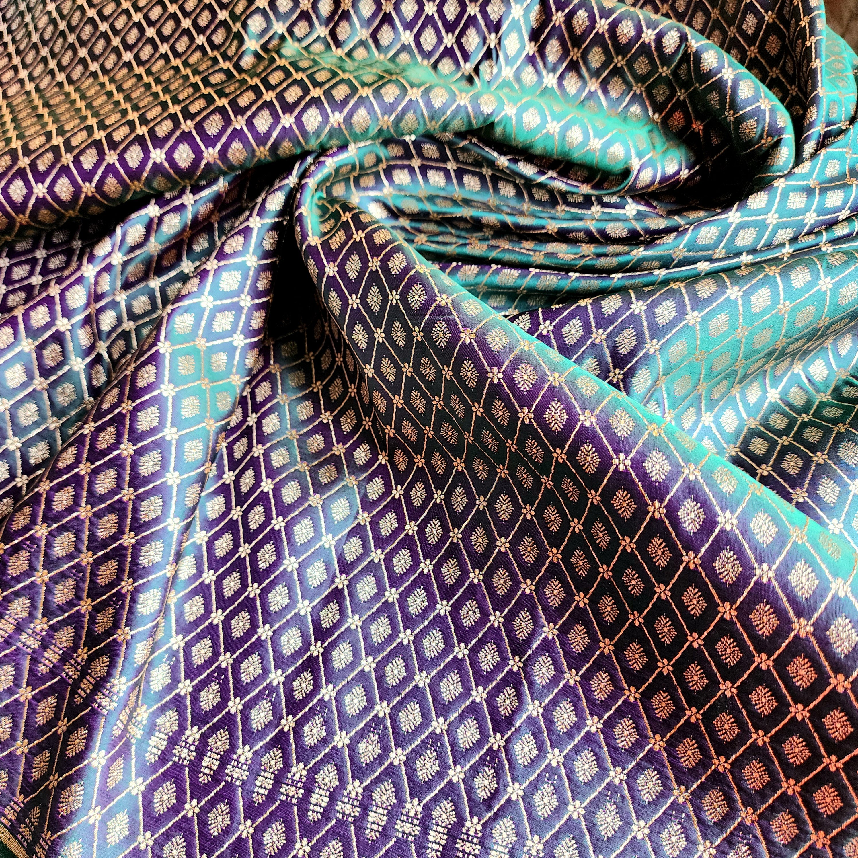 Lavender Katan Silk Saree with Emerald Green and Gold Zari Border
