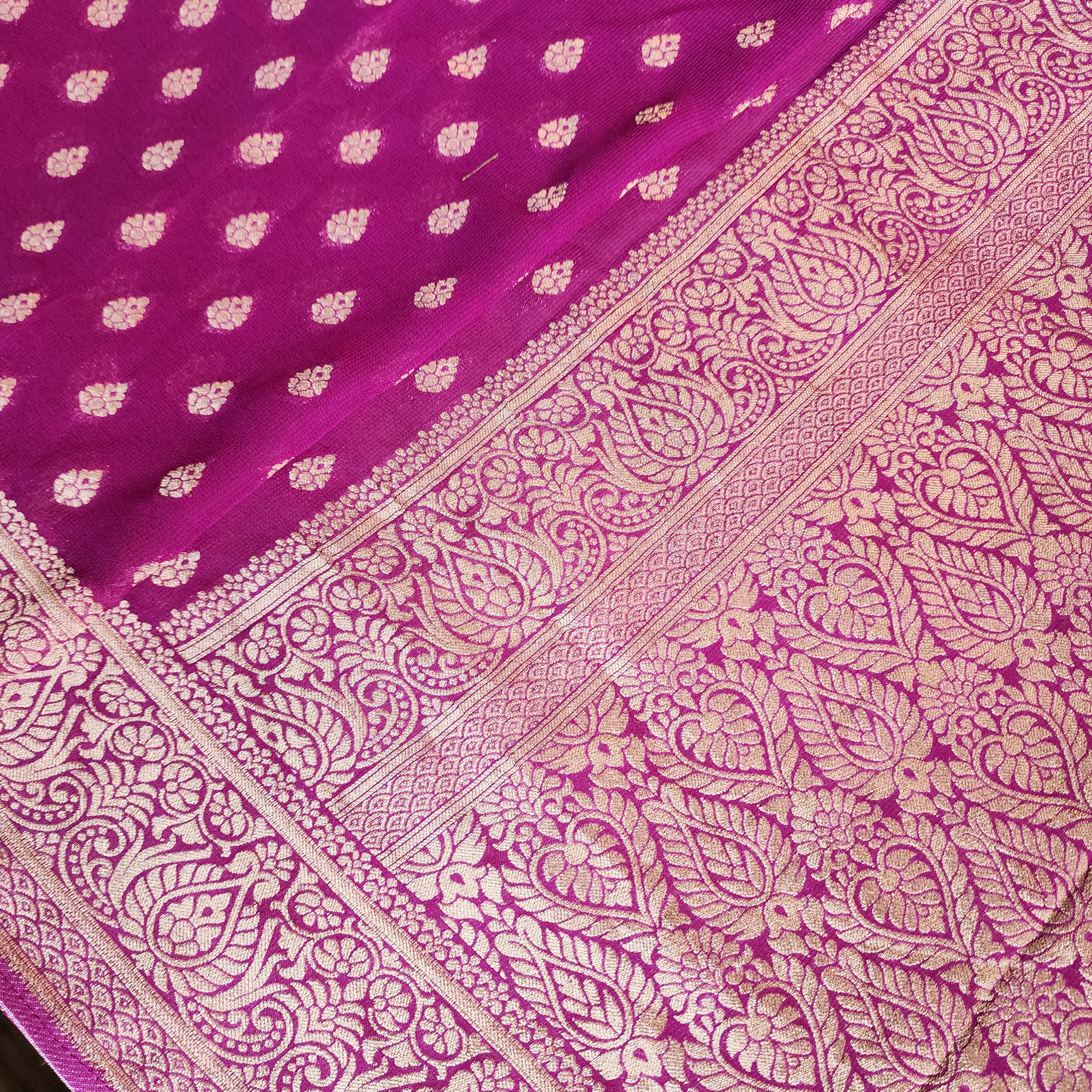 Aubergine Khaddi Georgette Pure Banarasi Saree with Golden Zari
