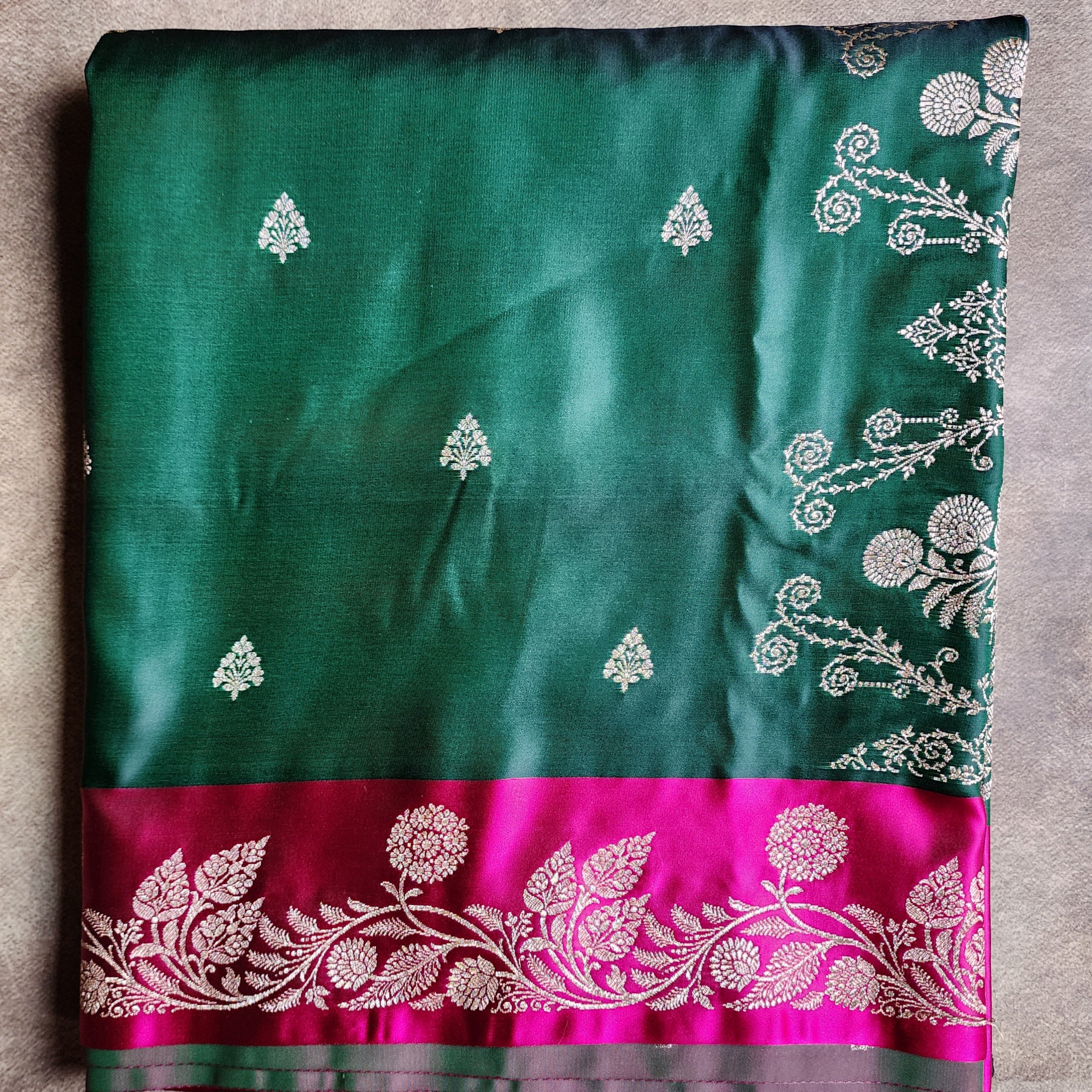 Emerald Green Pure Banarasi Katan Silk Saree with Bright Pink Border