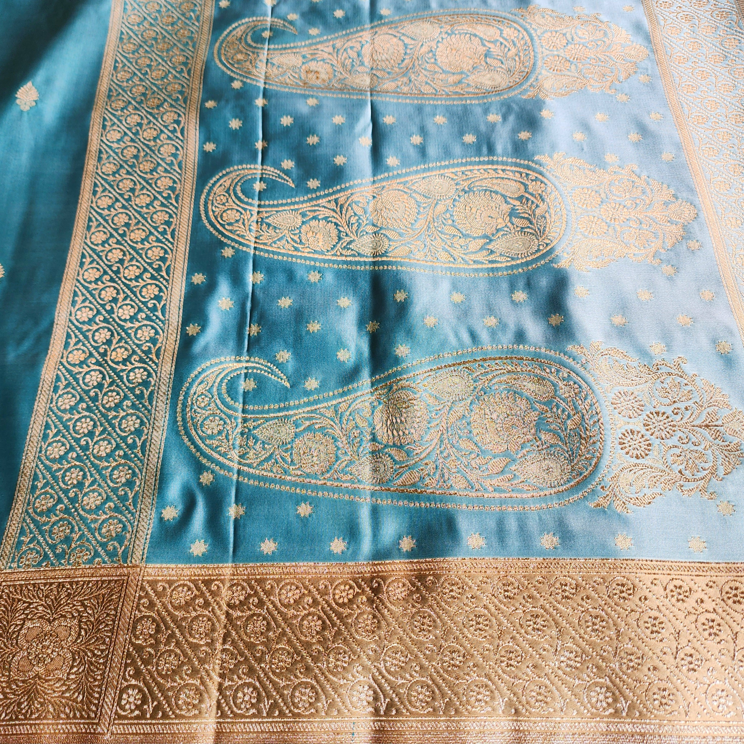 Blue Katan Silk Saree with Beige Gold Zari Border