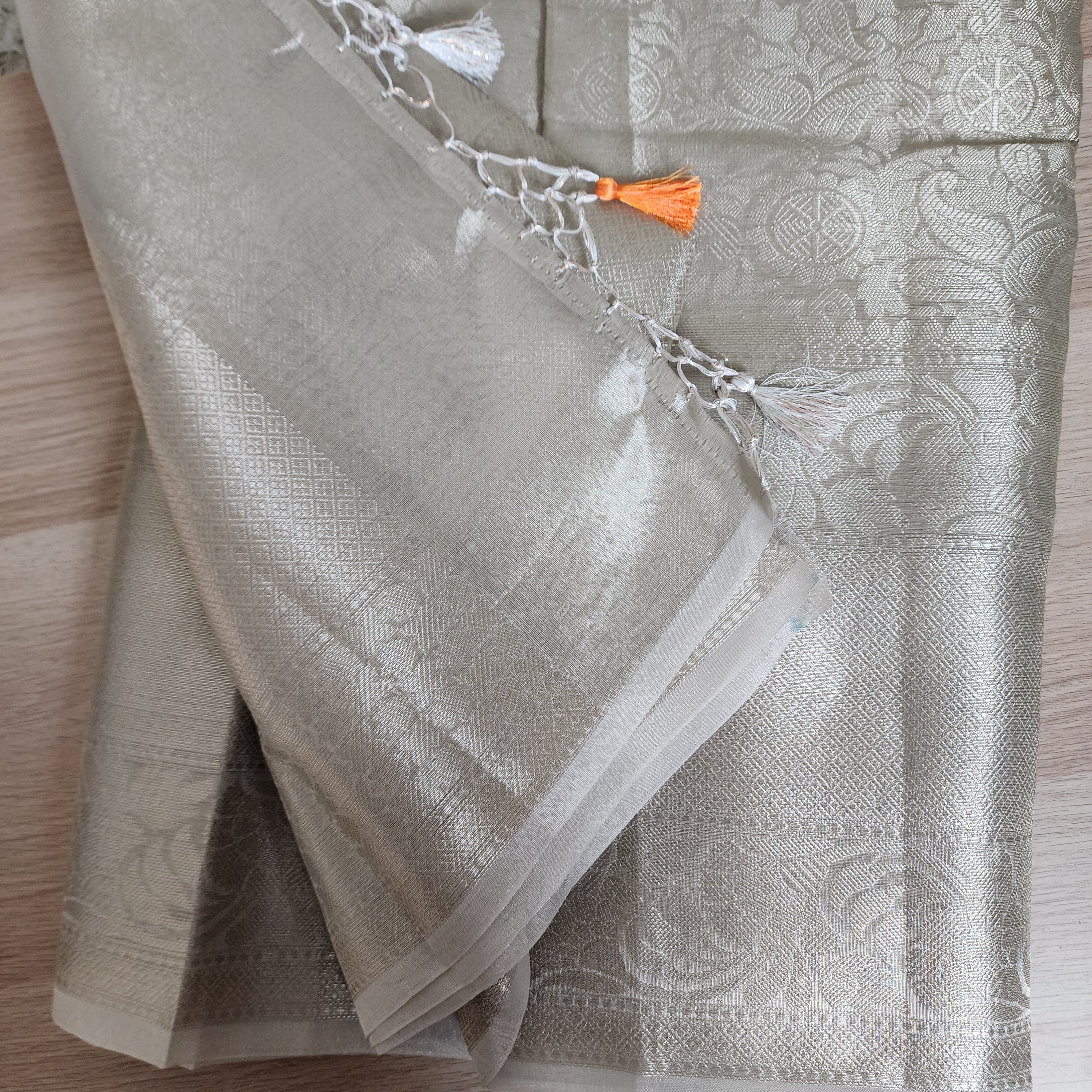 Classic Off-White Water Zari Tissue Sari with tassels