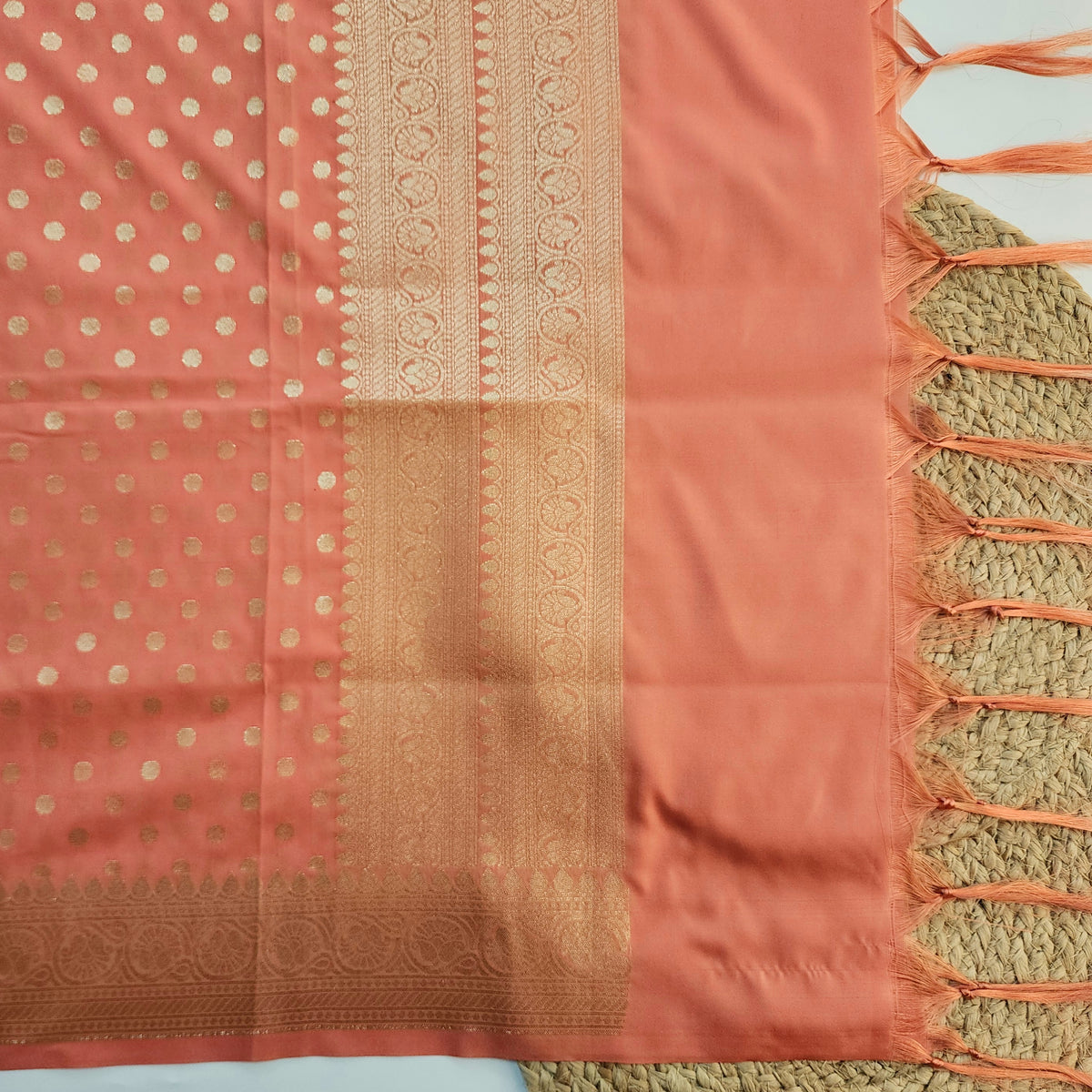 Coral Peach Banarasi Silk Dupatta with Gold Polka Dot