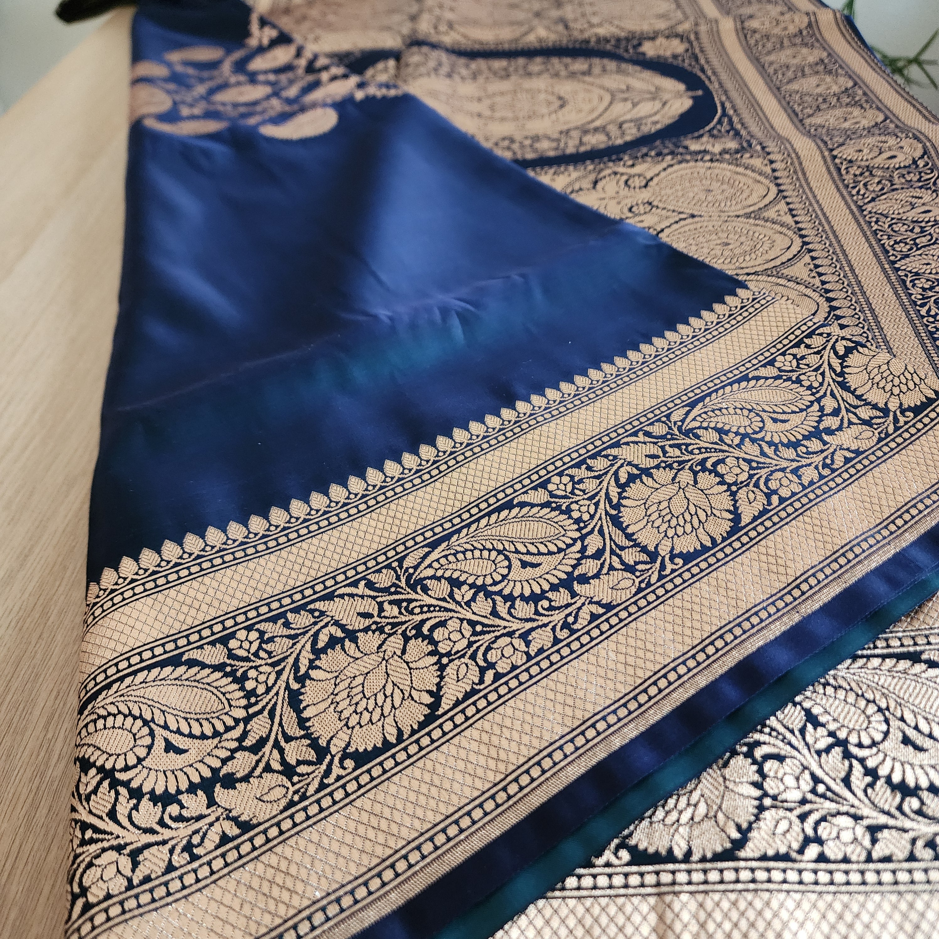 Rich Navy Blue Pure Banarasi Katan Silk Saree with light Gold Zari Weaving