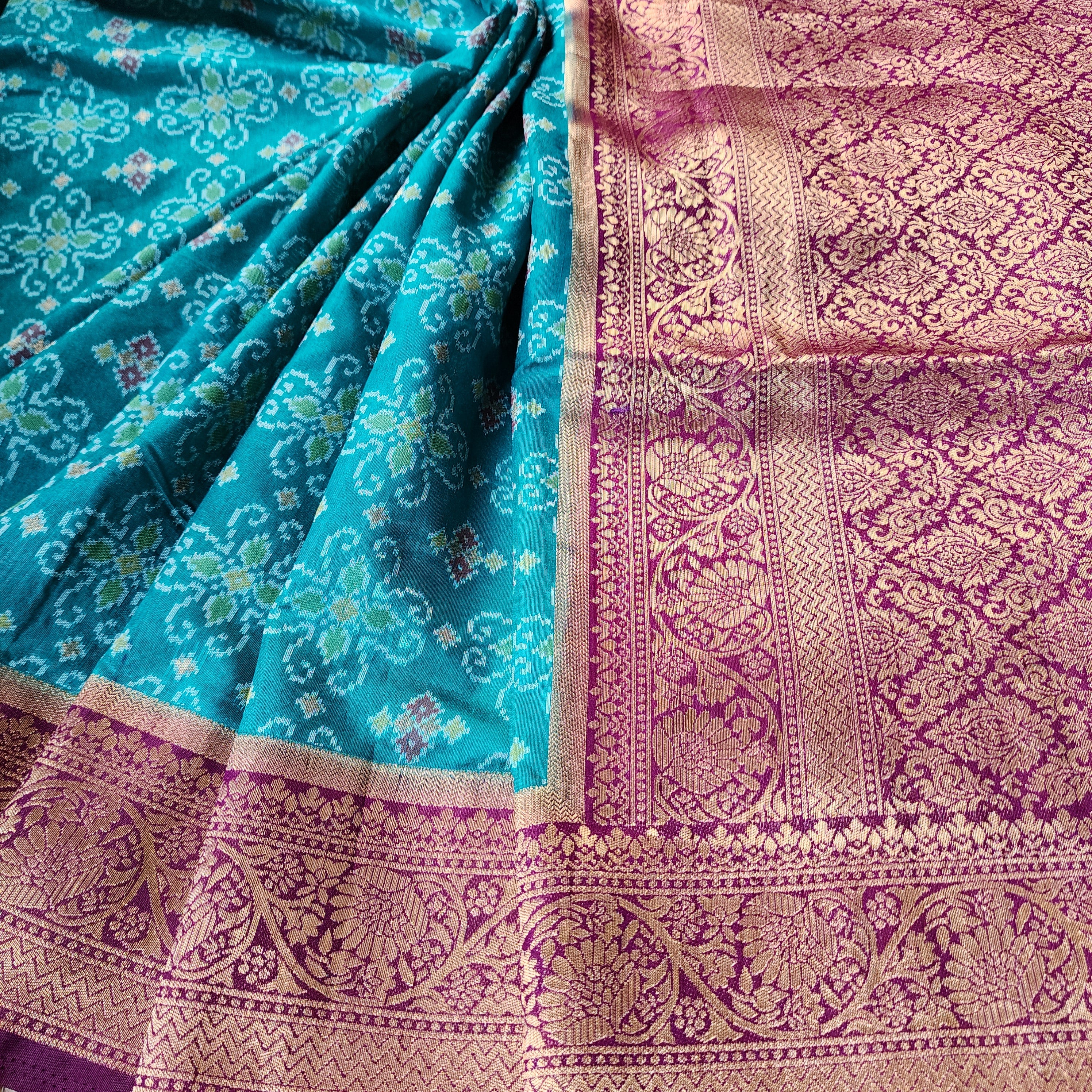 Turquoise Dupion Patola with Maroon-Gold Border & Heavy Gold Zari