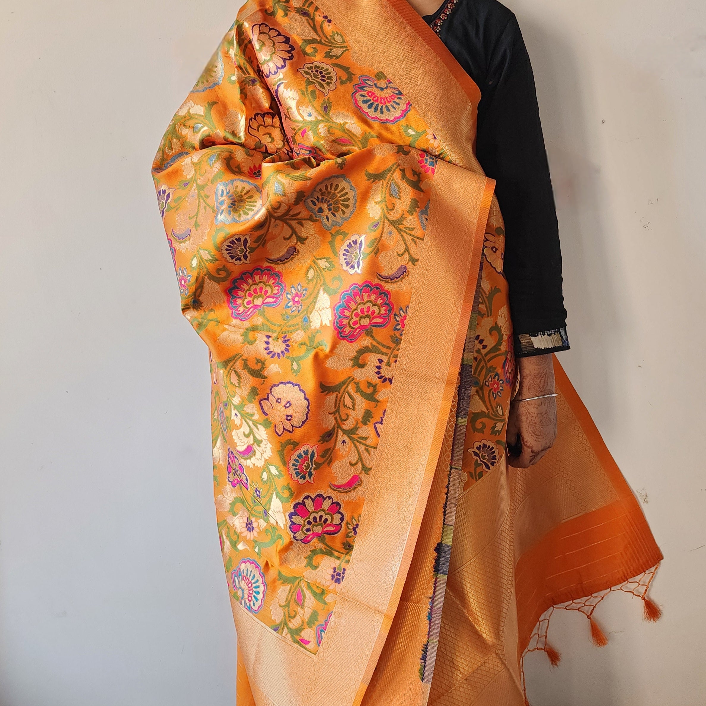 Banarasi Silk Orange Dupatta with Multicolor & Gold Floral Handweaving