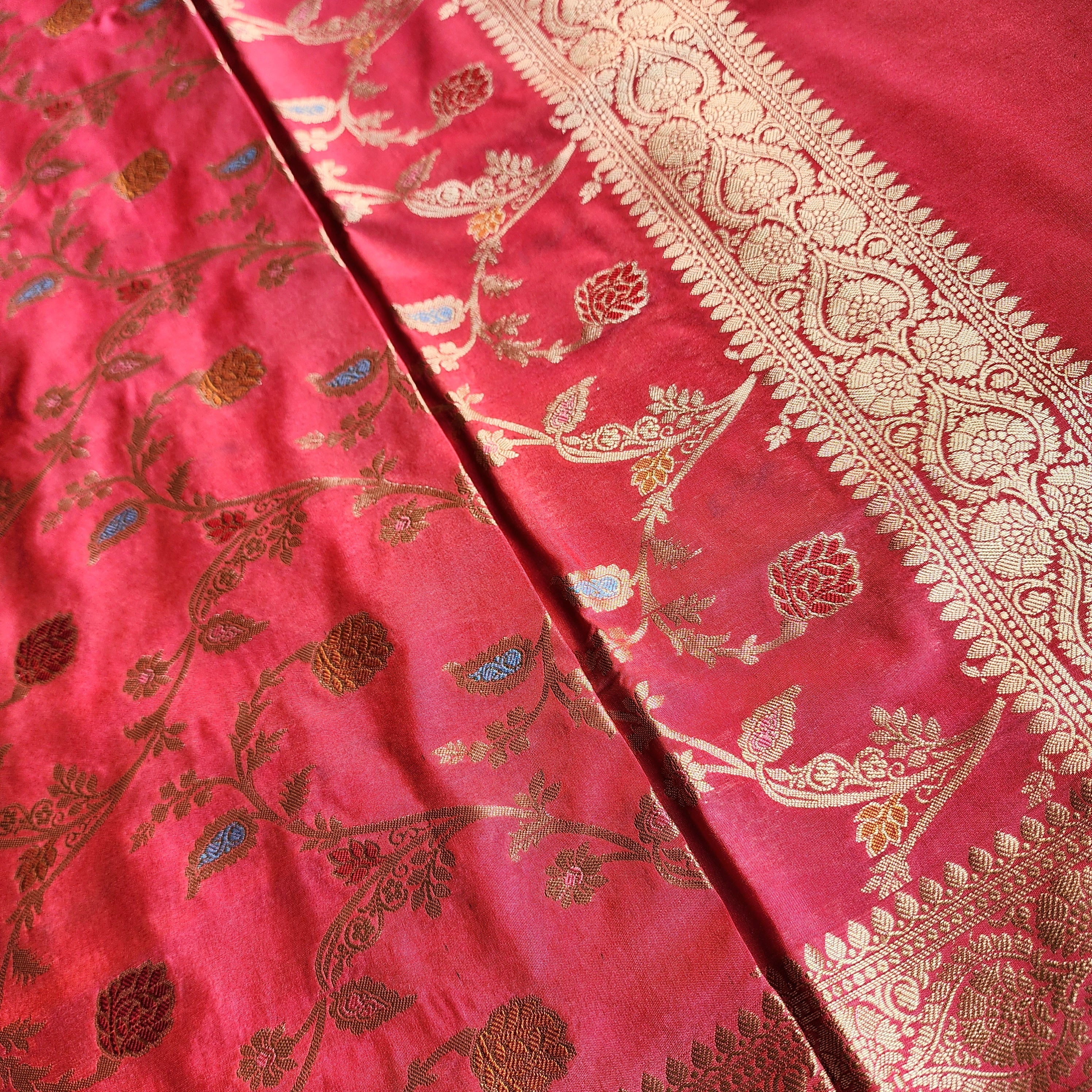 Rani Pink Banarasi Silk Dupatta with Gold Zari Border & Multicolor Meenakari Work