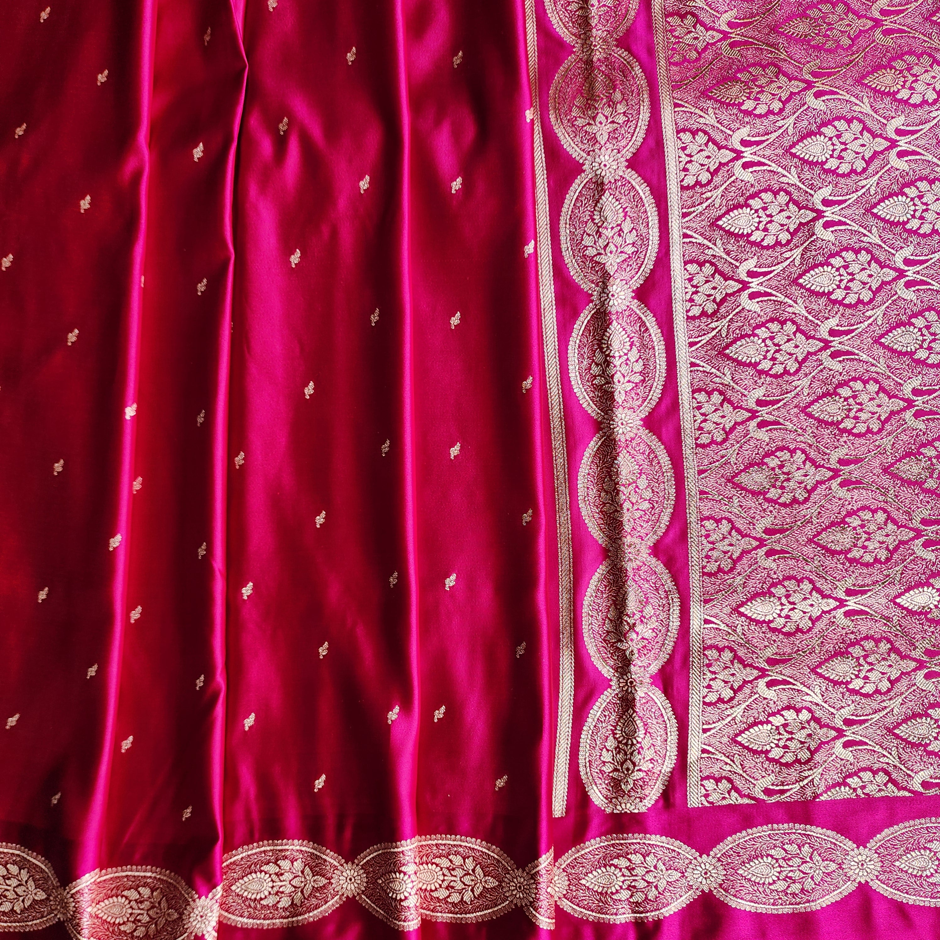 Bright Pink Pure Banarasi Katan Silk Saree with Gold Zari Weaving