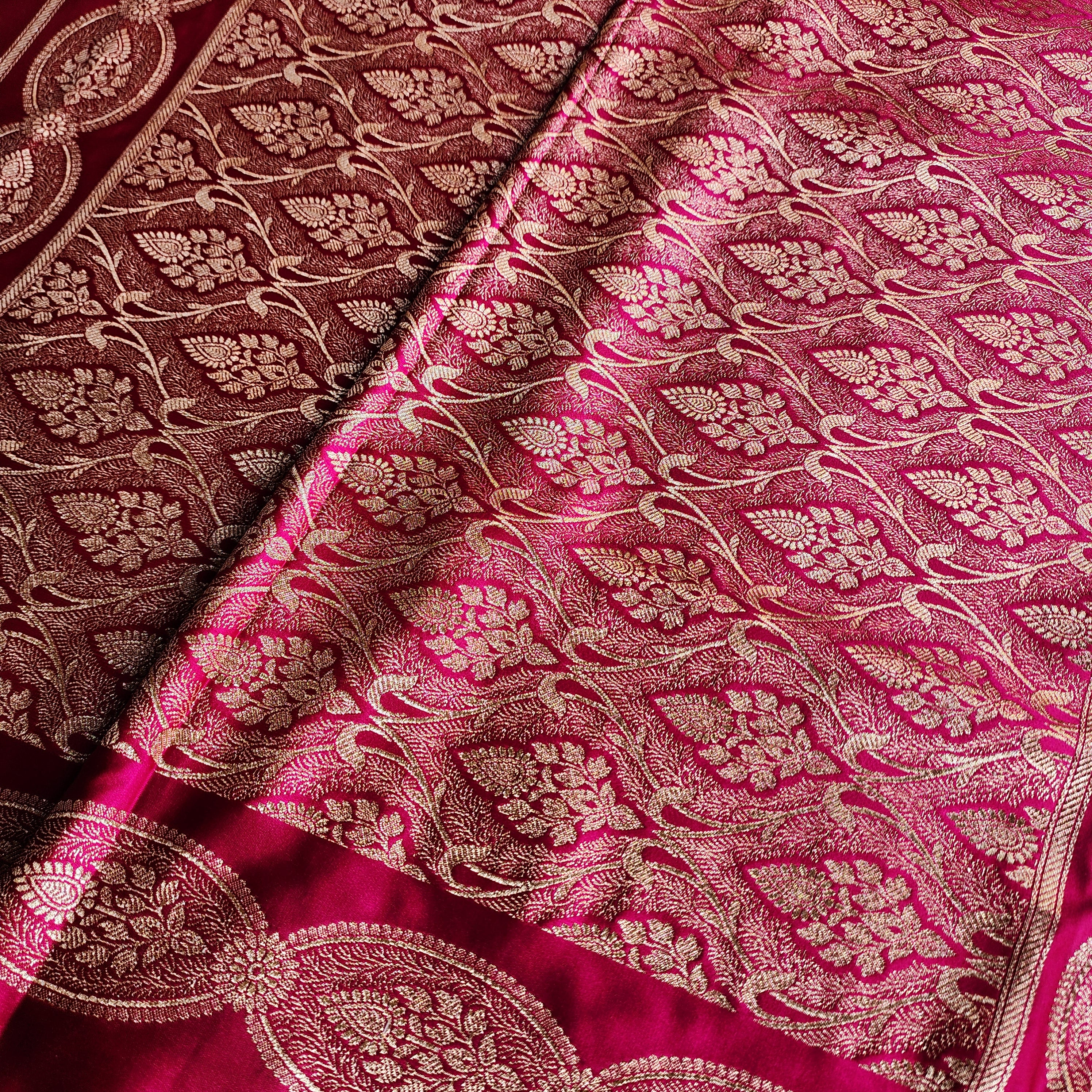 Bright Pink Pure Banarasi Katan Silk Saree with Gold Zari Weaving