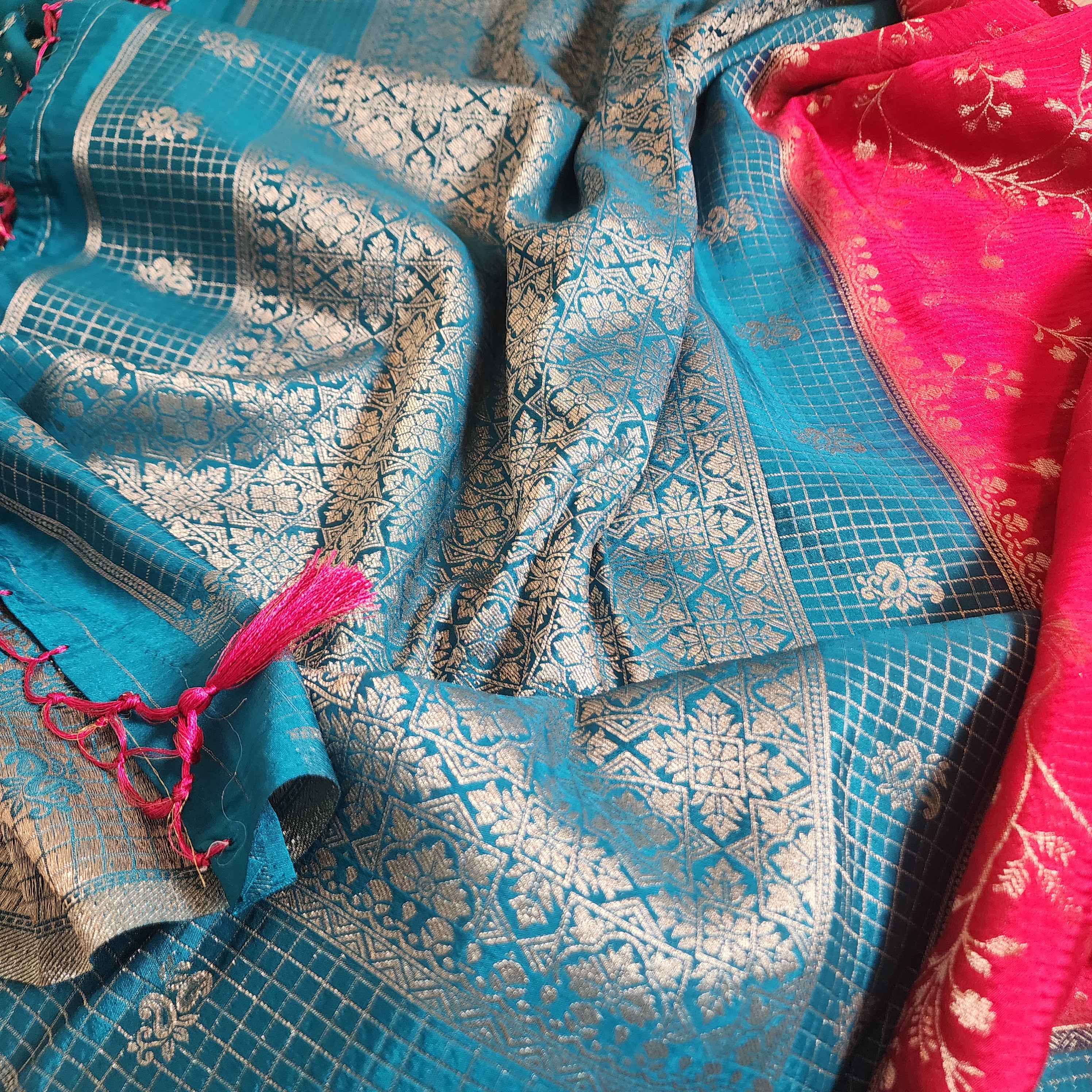 Banarasi Georgette Saree in Luxe Red & Teal with Gold Zari Work