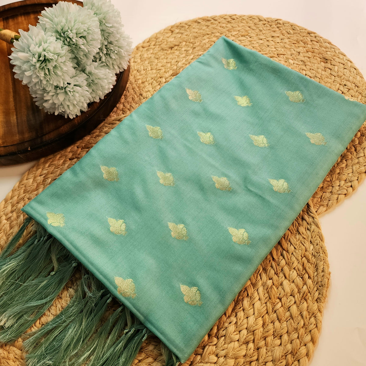Aqua Green Banarasi Tapetta Silk Leaf Weave Dupatta