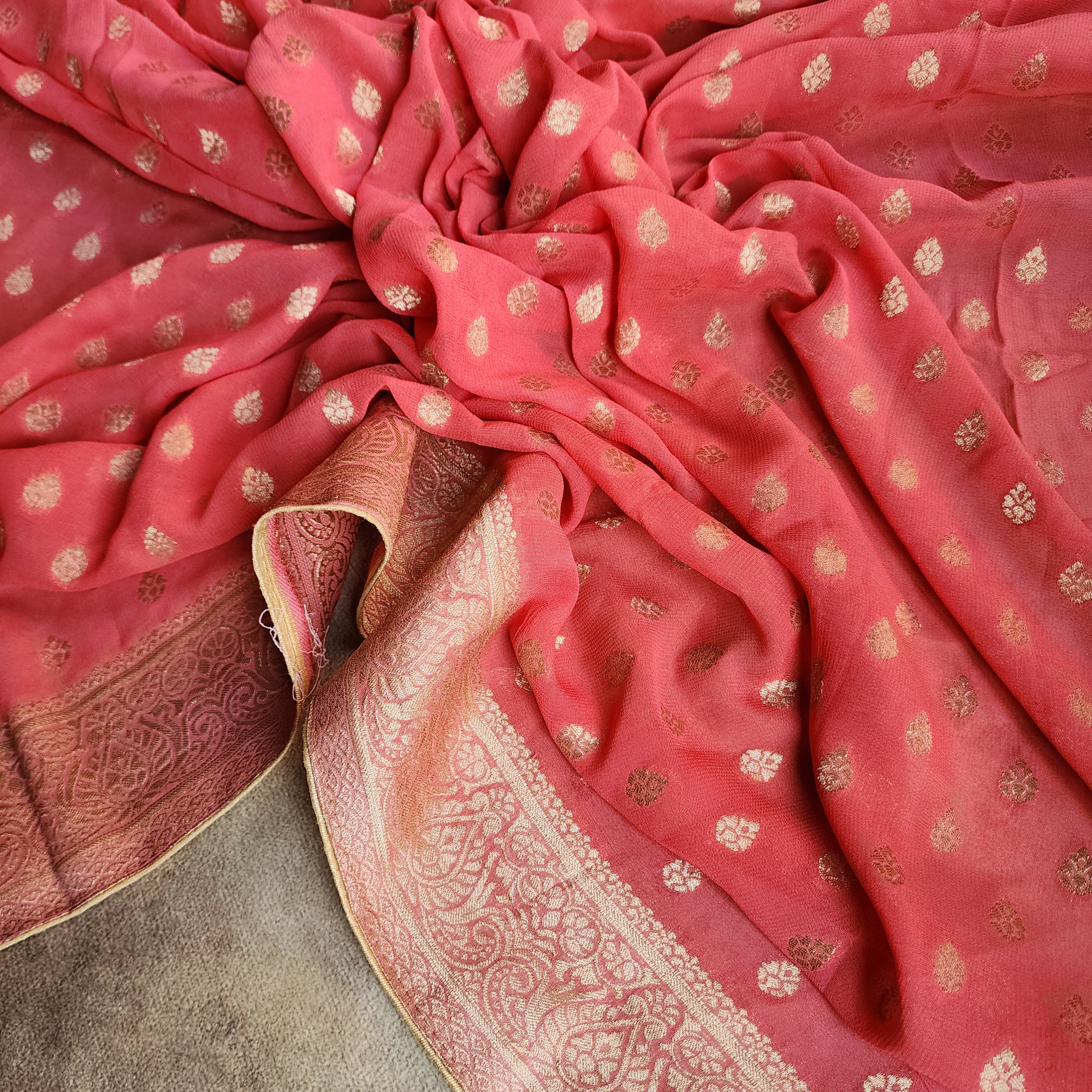 Peach Khaddi Georgette Pure Banarasi Saree with Golden Zari