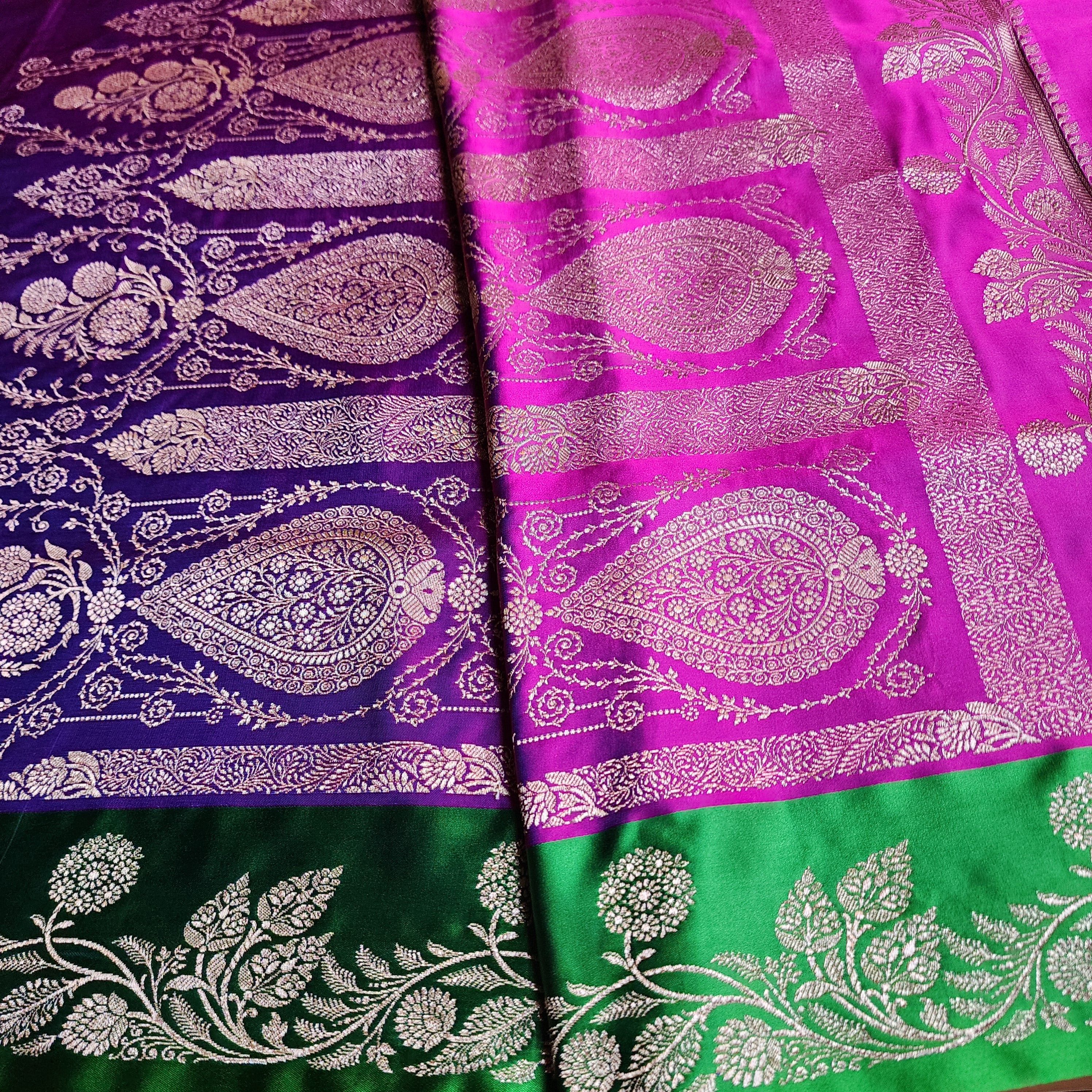 Royal Purple Pure Banarasi Katan Silk Saree with Leaf Green Border