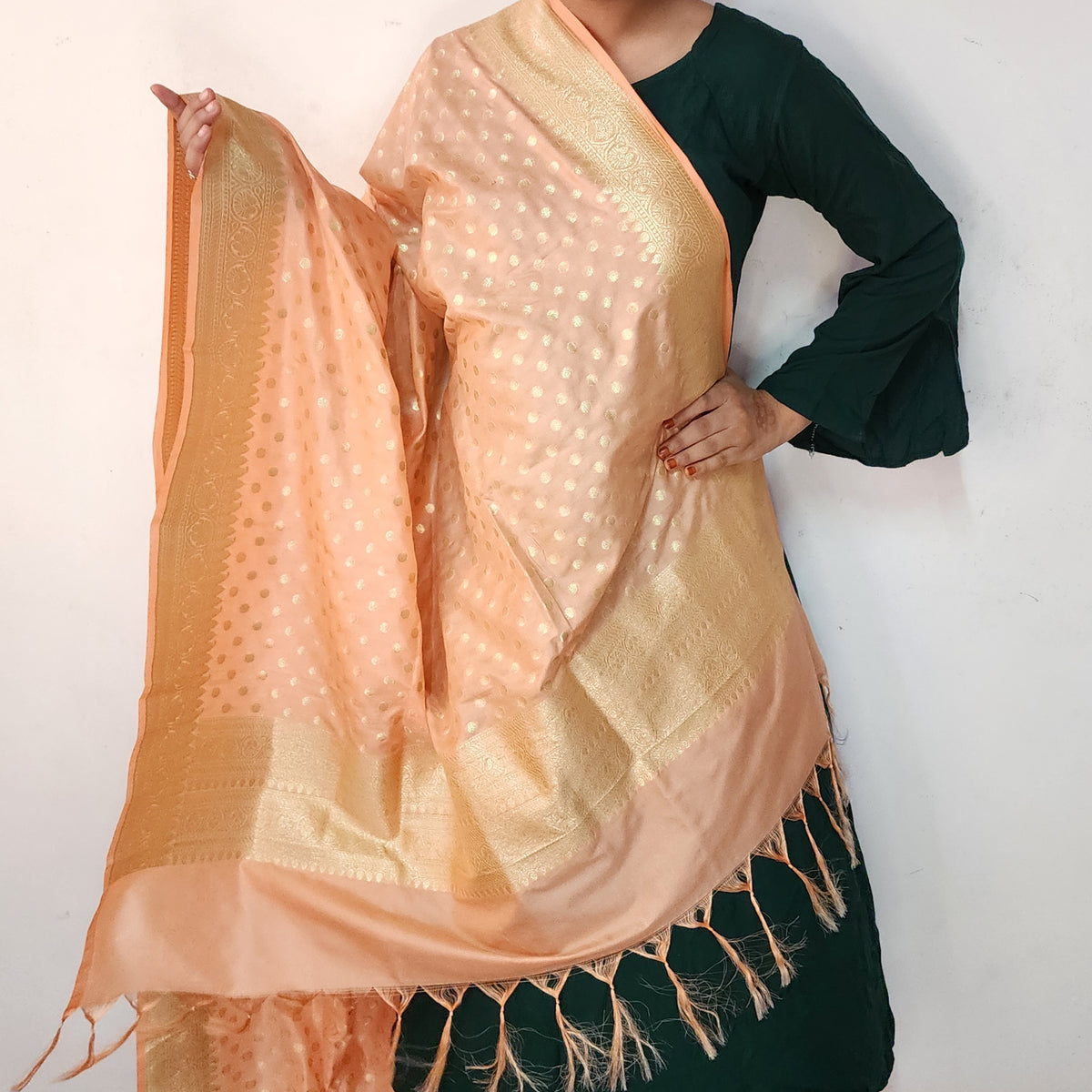 Peach Banarasi Silk Dupatta with Gold Polka Dot