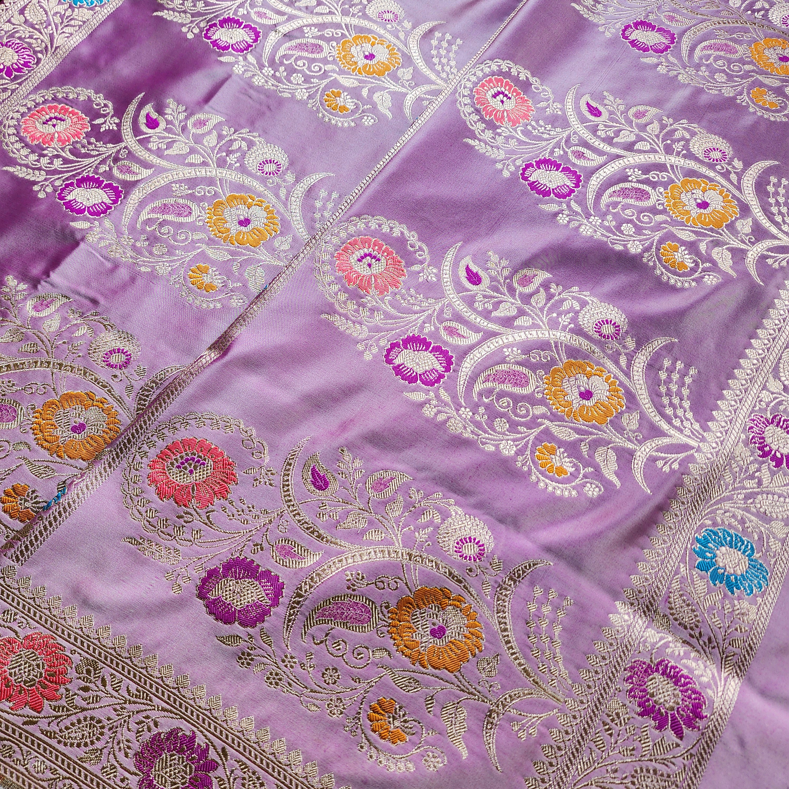 Enriched Banarasi Katan Silk Saree | Soft Lavender Pink Multicolor Meenakari Floral Jaal