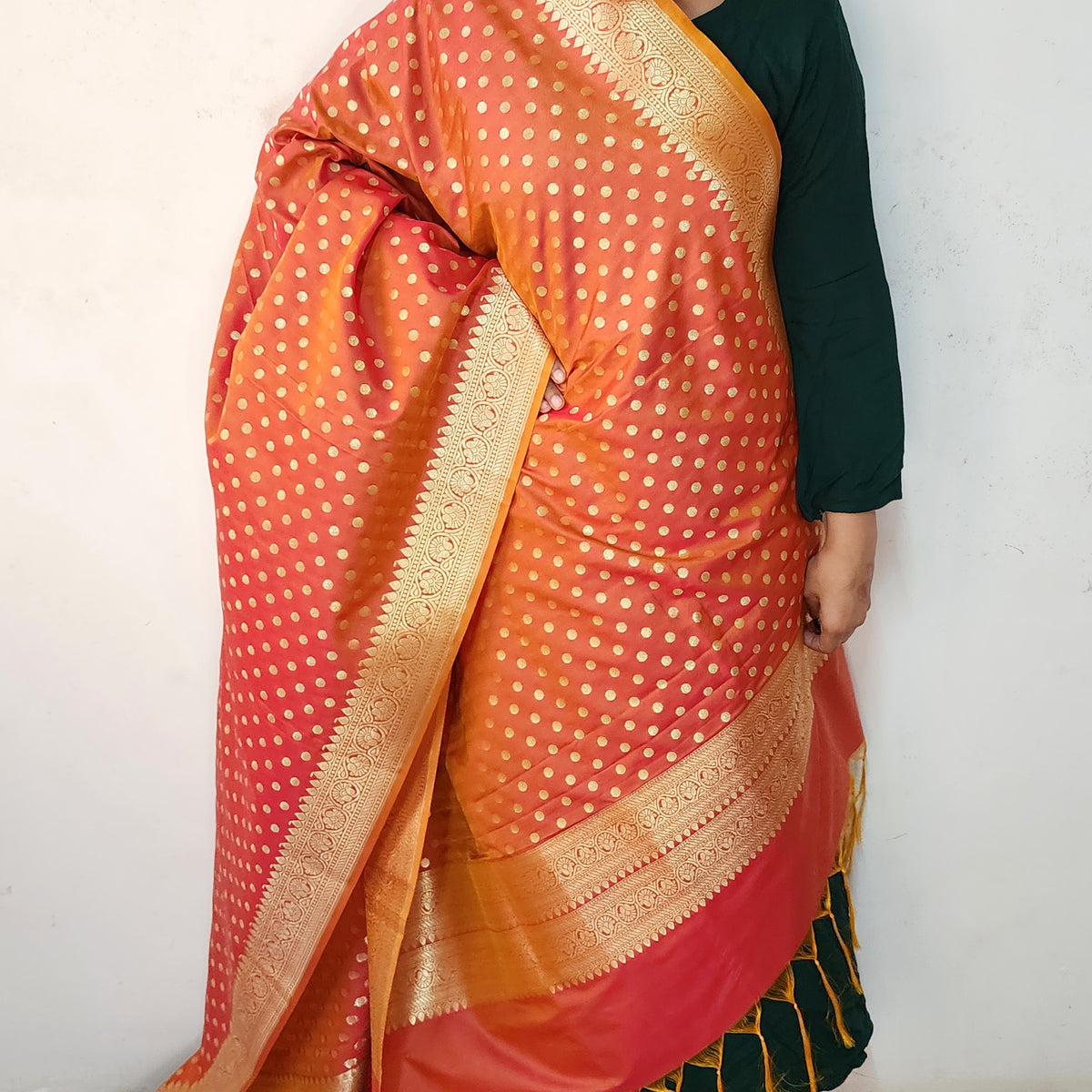 Peach Orange Banarasi Silk Dupatta with Gold Polka Dot
