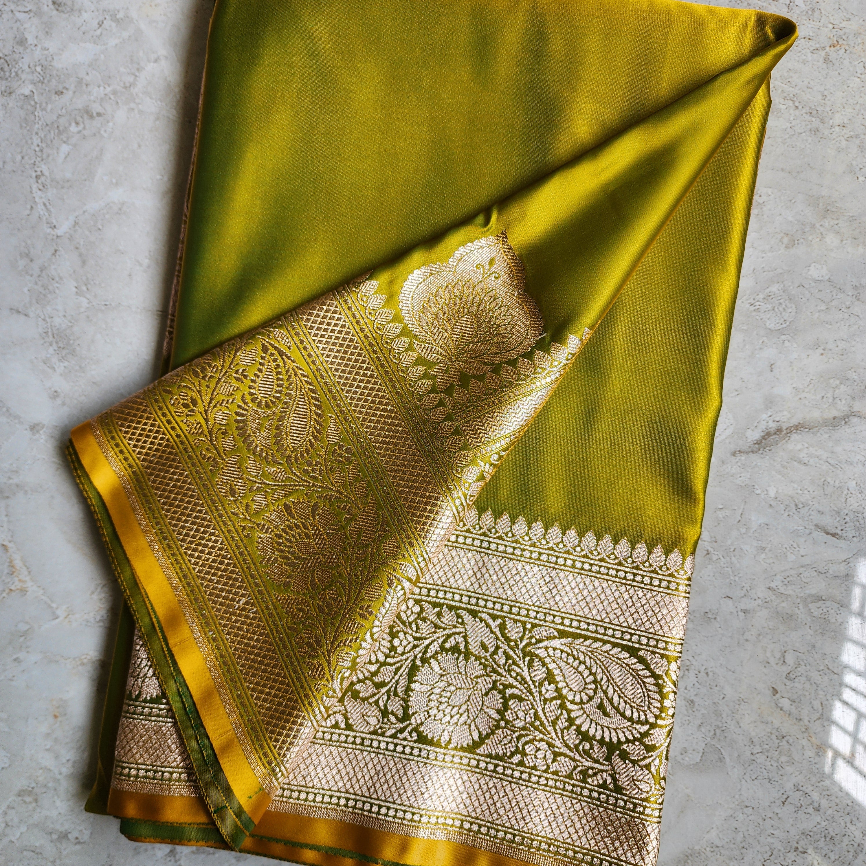 Olive Green Pure Banarasi Katan Silk Saree with light Gold Zari Weaving