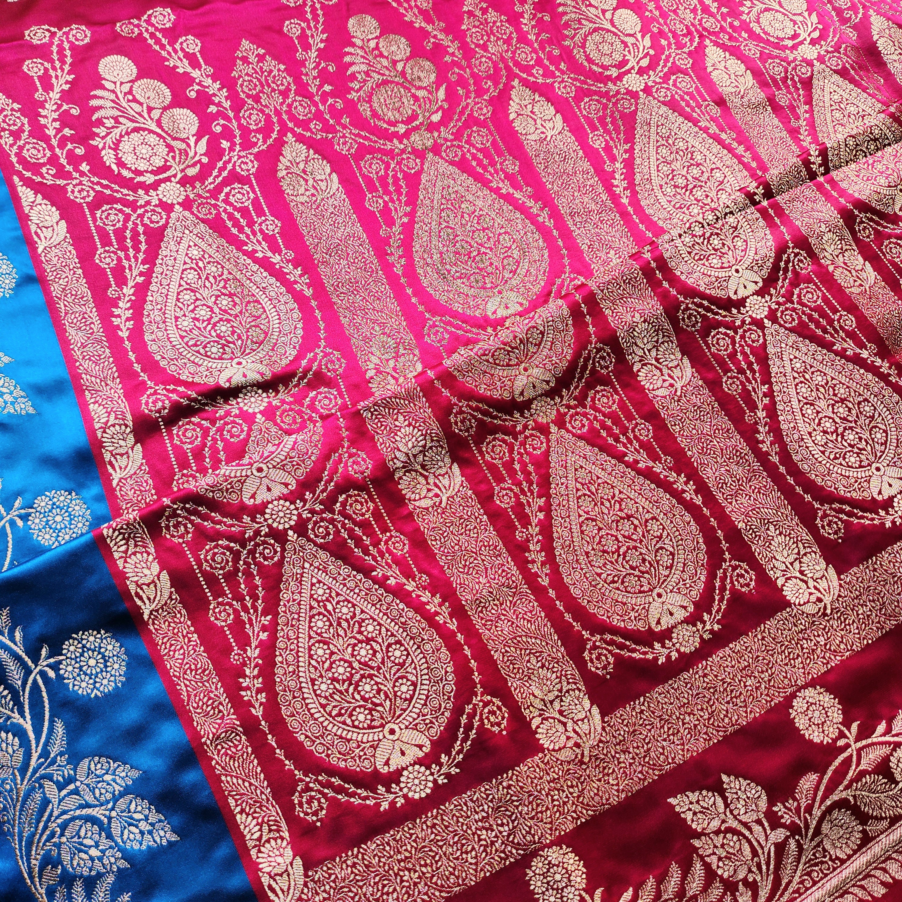 Rani Red Pure Banarasi Katan Silk Saree with Cobalt Blue Border