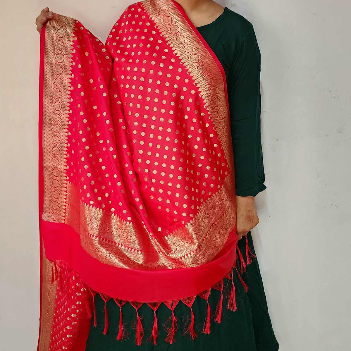 Classic Red Banarasi Silk Dupatta with Gold Polka Dot