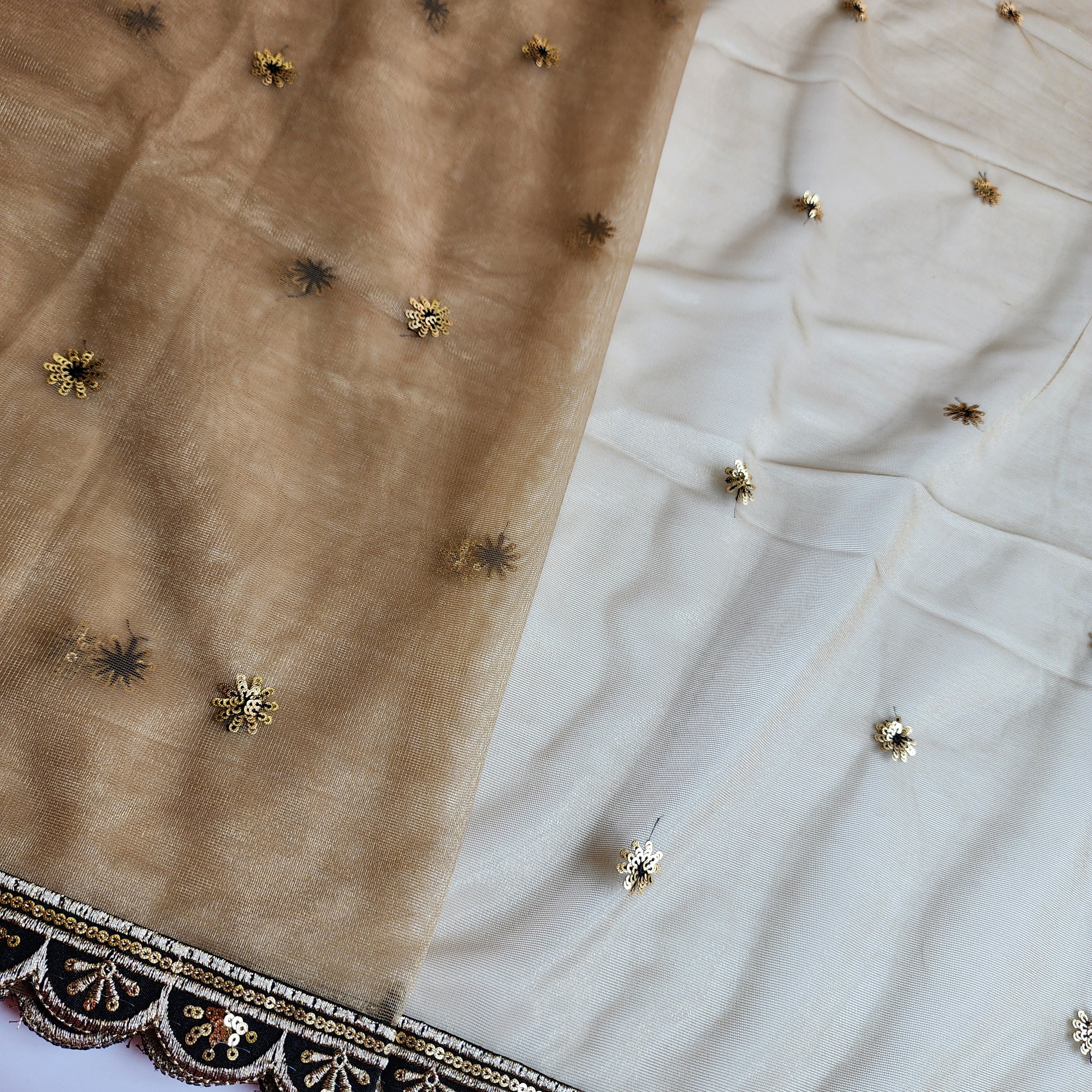 Beige Designer Net Saree with Heavy Embroidery Cut Work Border