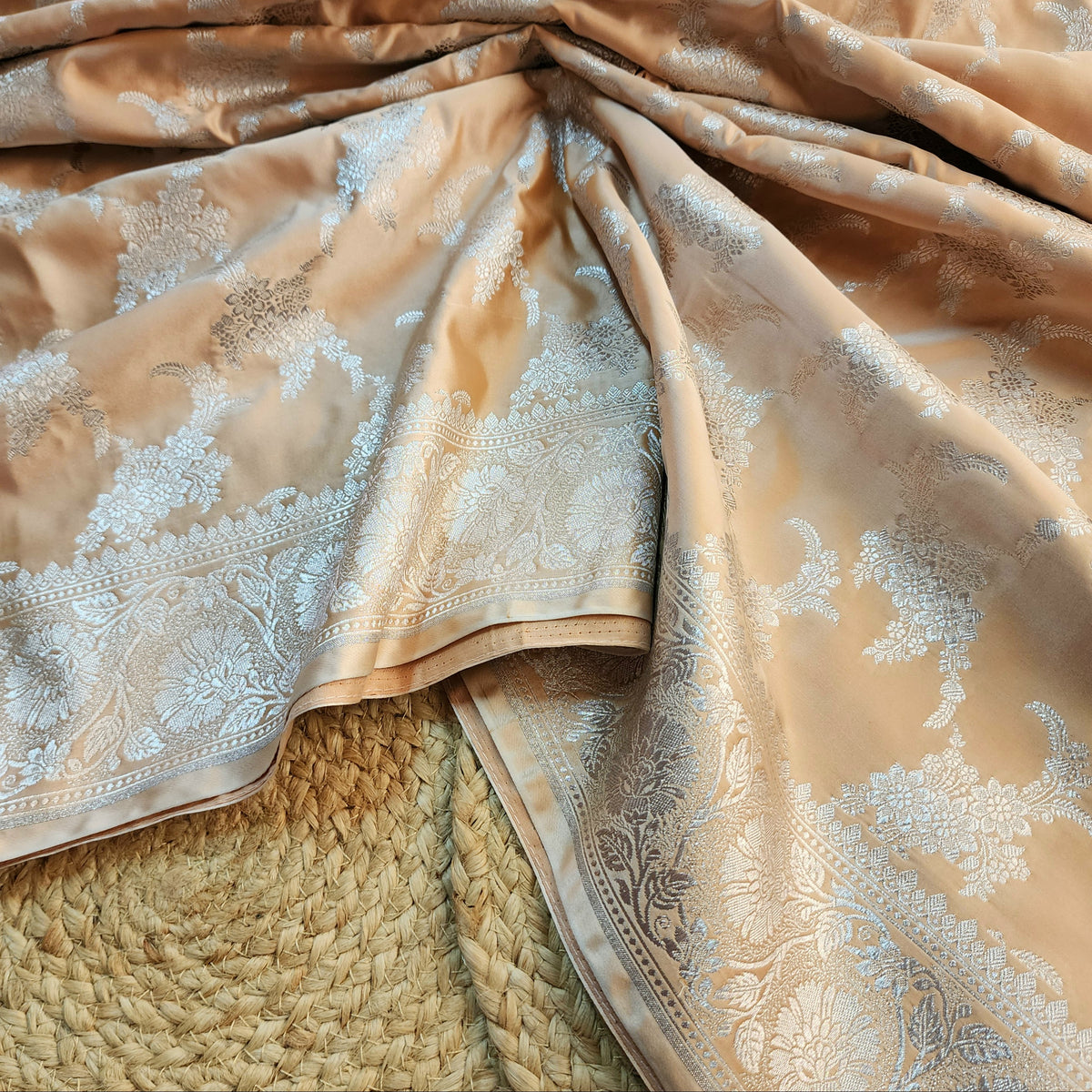 Peach Beige Banarasi Katan Silk Saree with Floral Vine Jaal