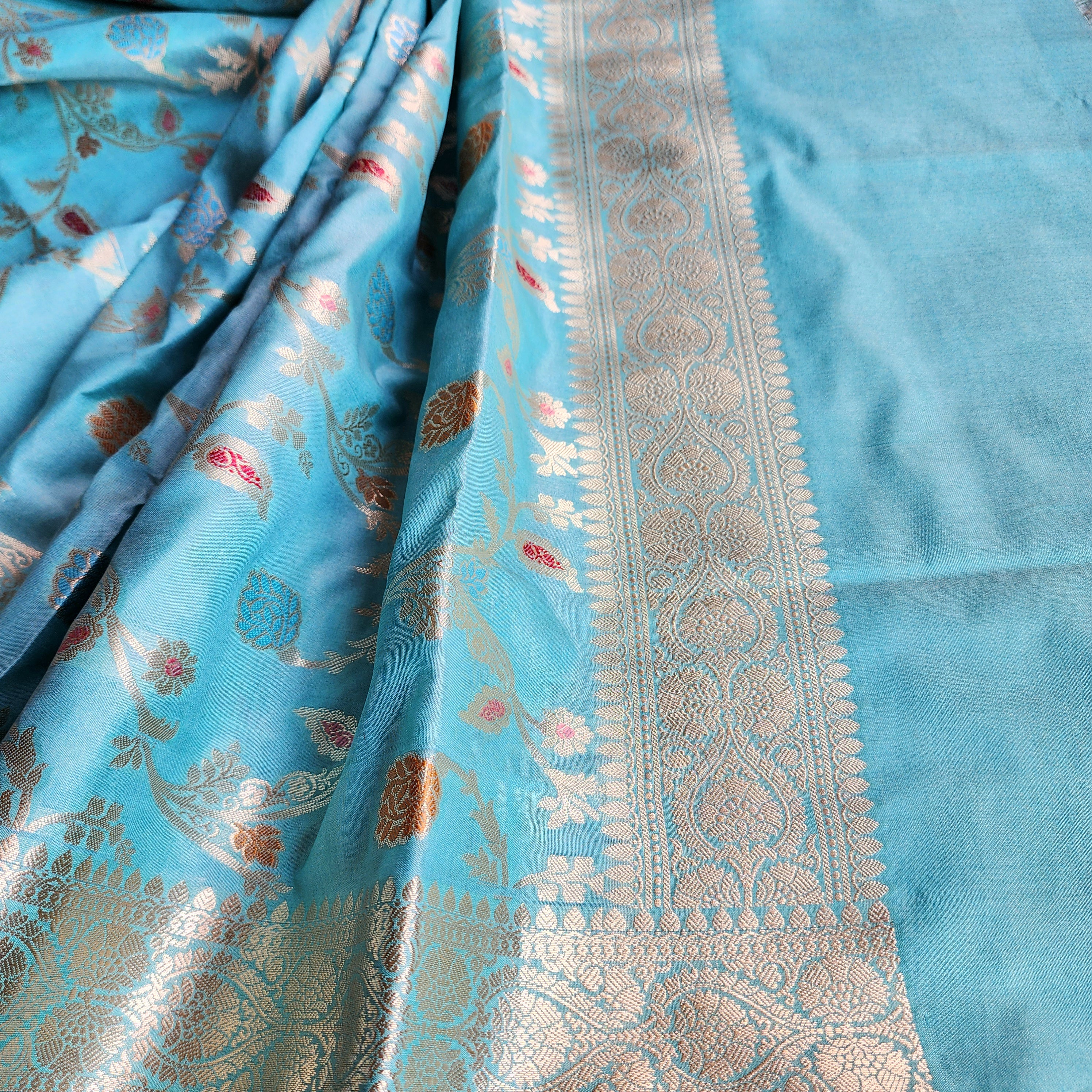 Pastel Sky Blue Banarasi Silk Dupatta with Gold Zari Border & Multicolor Meenakari Work