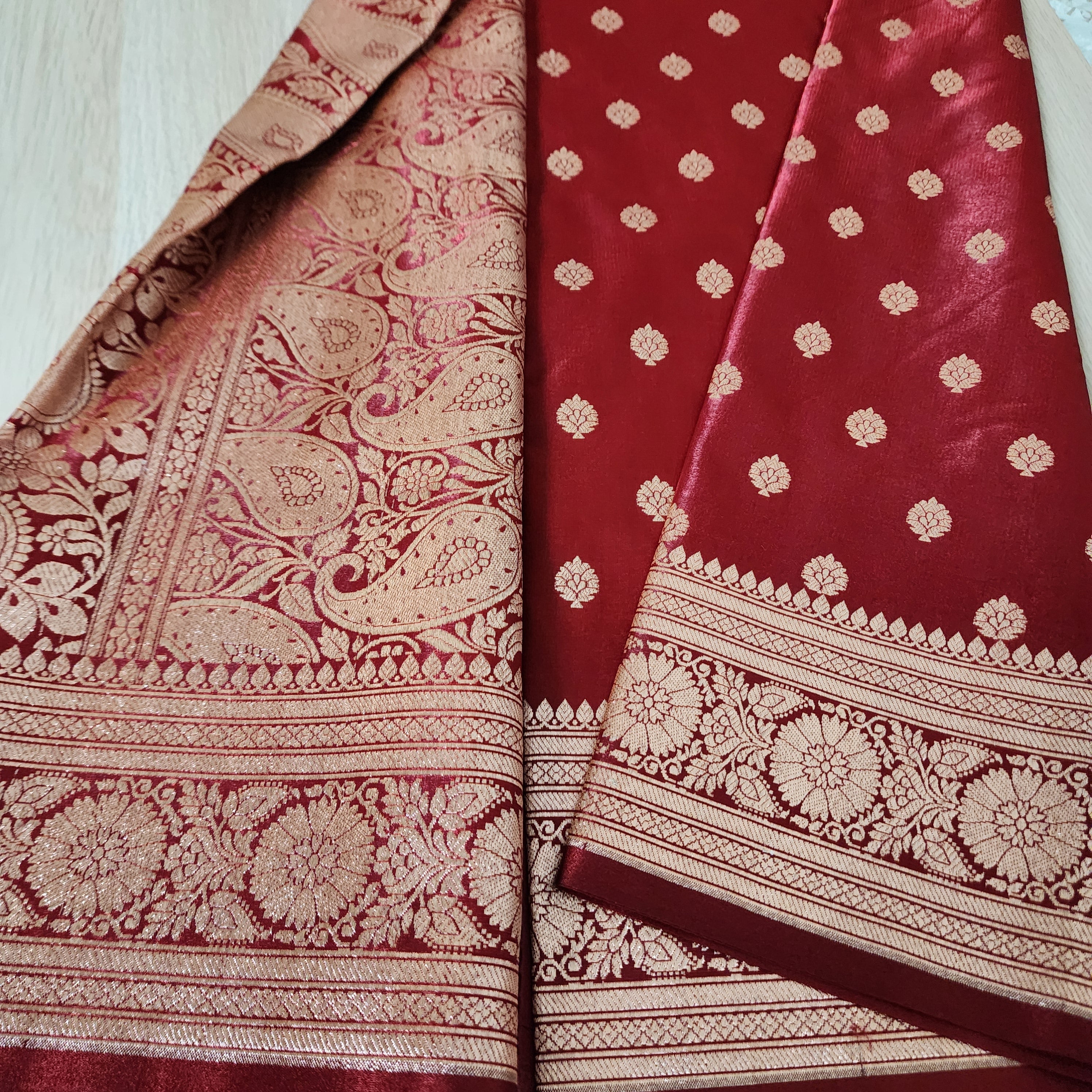 Royal Maroon Red Banarasi Silk Saree with Golden Zari Weave